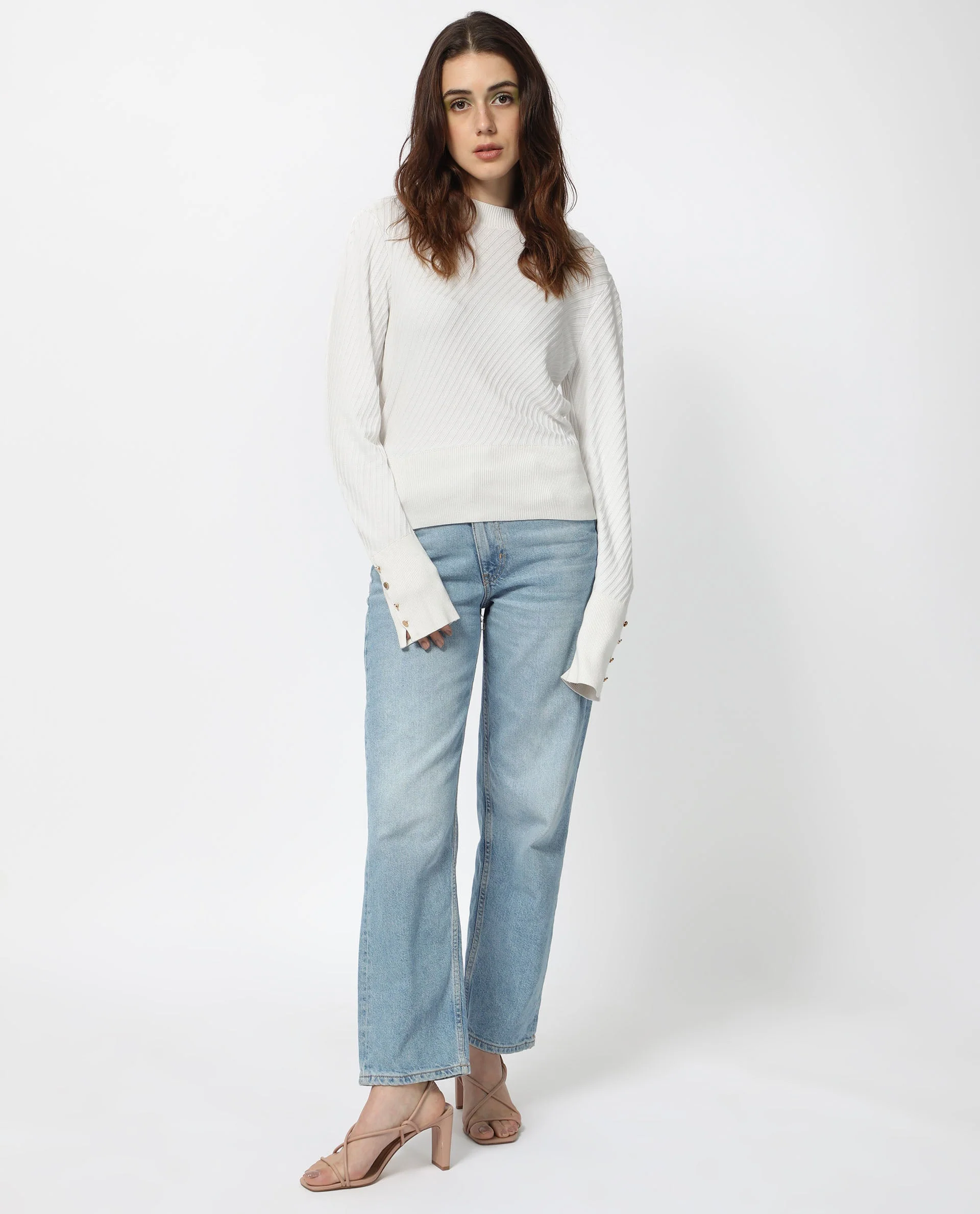 Rareism Women's Fischer White Viscose High Neck Plain Regular Fit Sweater - Image 3