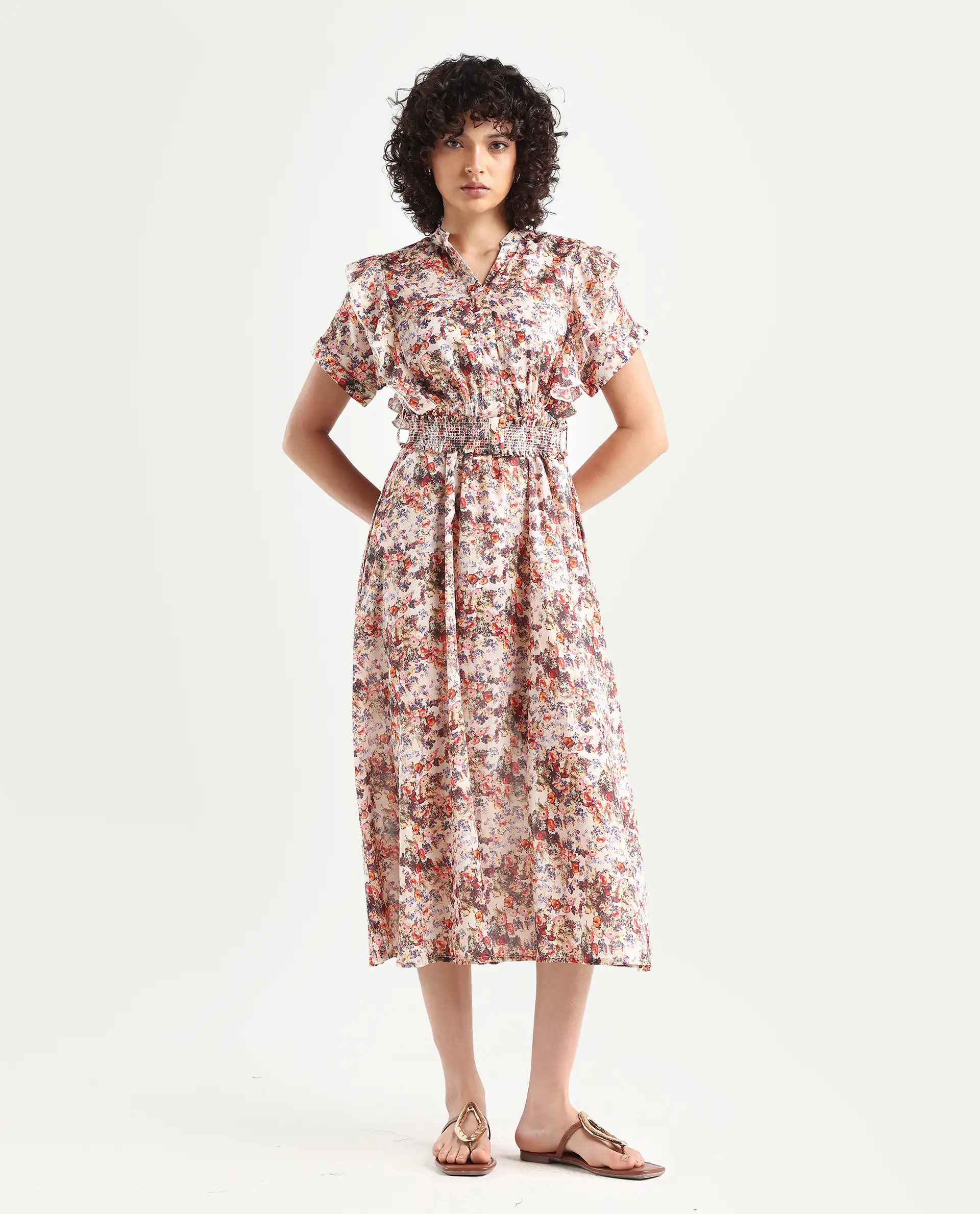 Rareism Women's Fisht Offwhite Cotton V-Neck Floral Print Ruffled Sleeve Midi Regular Fit Dress - Image 2