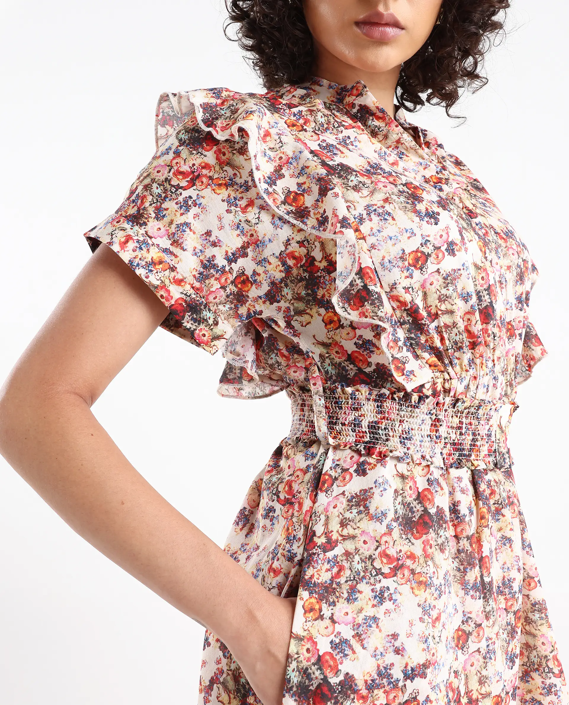 Rareism Women's Fisht Offwhite Cotton V-Neck Floral Print Ruffled Sleeve Midi Regular Fit Dress - Image 3