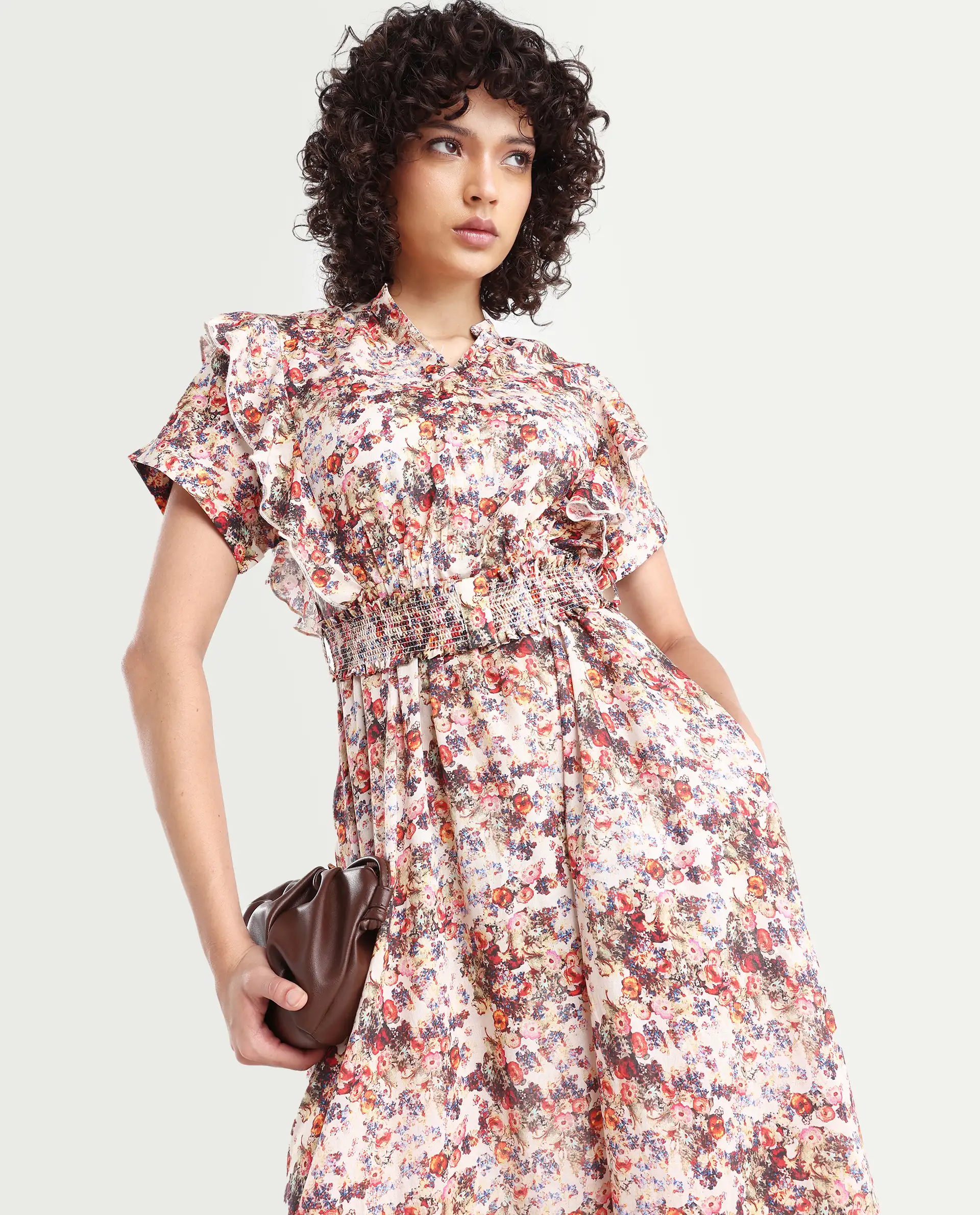 Rareism Women's Fisht Offwhite Cotton V-Neck Floral Print Ruffled Sleeve Midi Regular Fit Dress - Image 4
