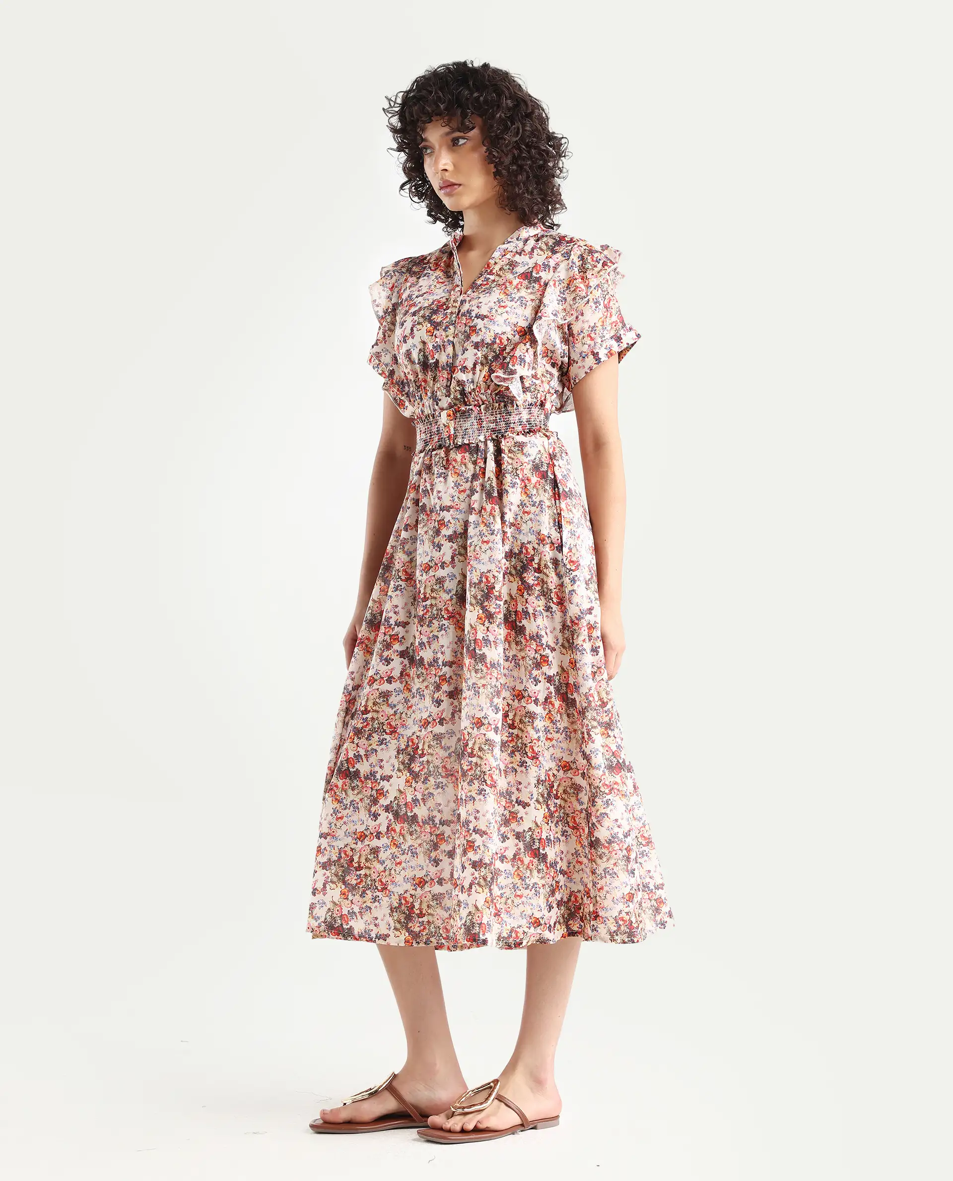 Rareism Women's Fisht Offwhite Cotton V-Neck Floral Print Ruffled Sleeve Midi Regular Fit Dress - Image 5