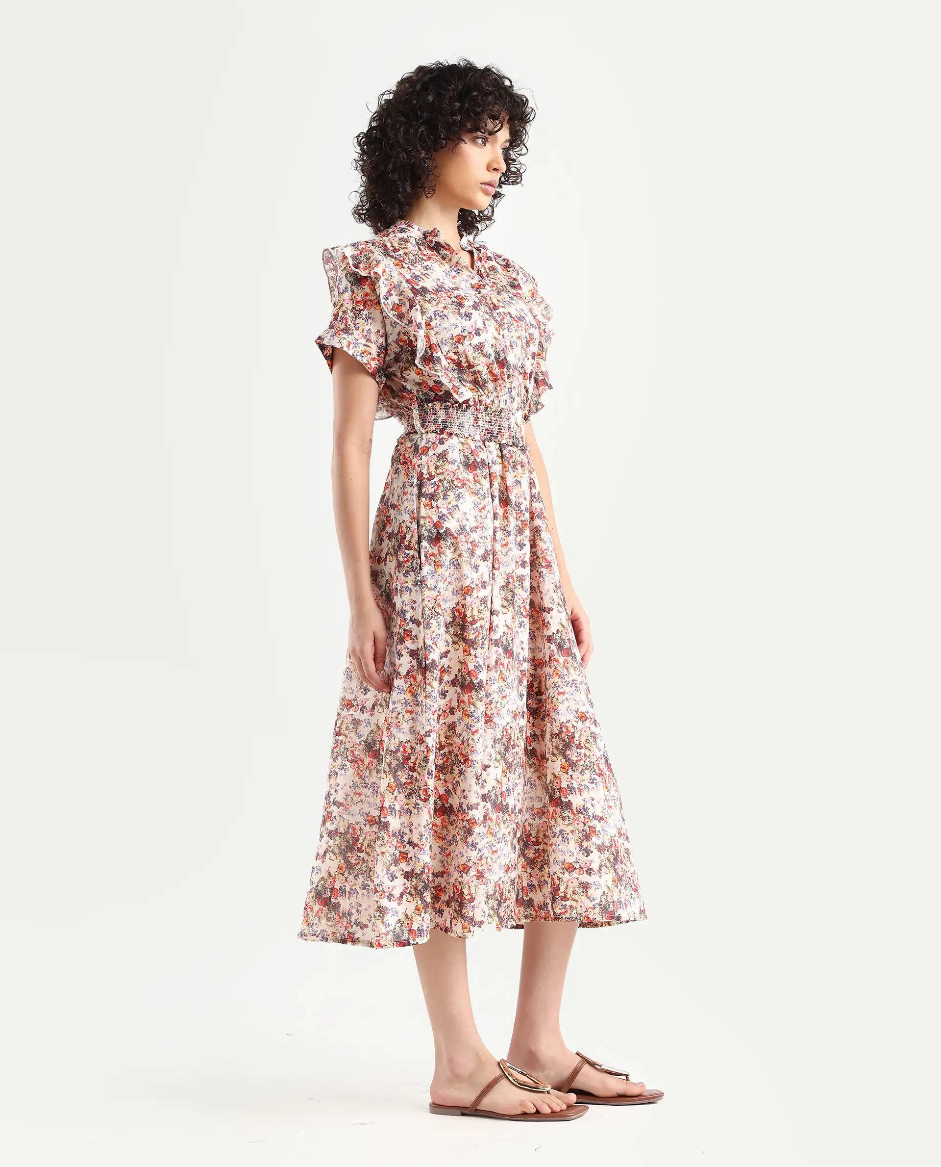 Rareism Women's Fisht Offwhite Cotton V-Neck Floral Print Ruffled Sleeve Midi Regular Fit Dress - Image 6