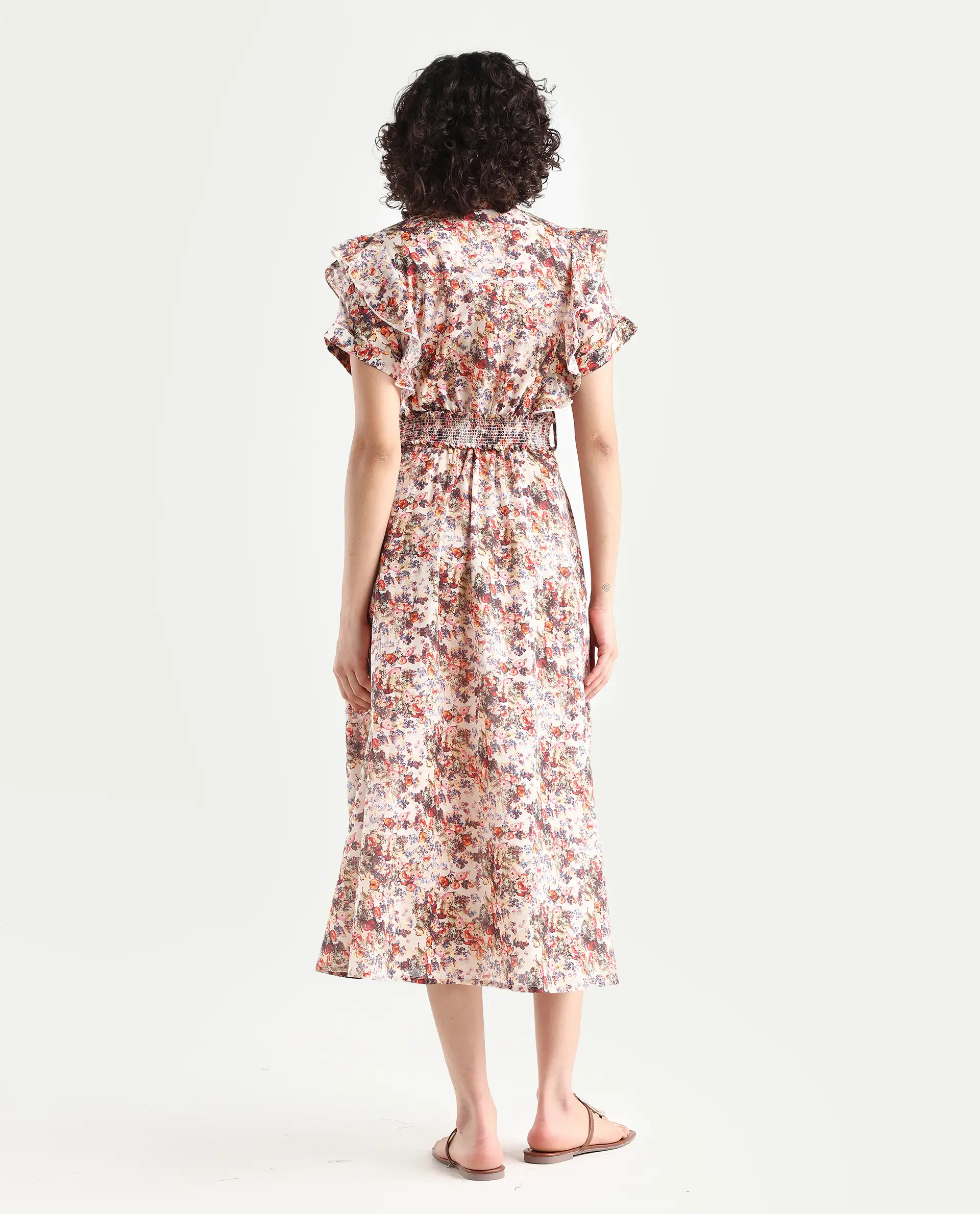 Rareism Women's Fisht Offwhite Cotton V-Neck Floral Print Ruffled Sleeve Midi Regular Fit Dress - Image 7