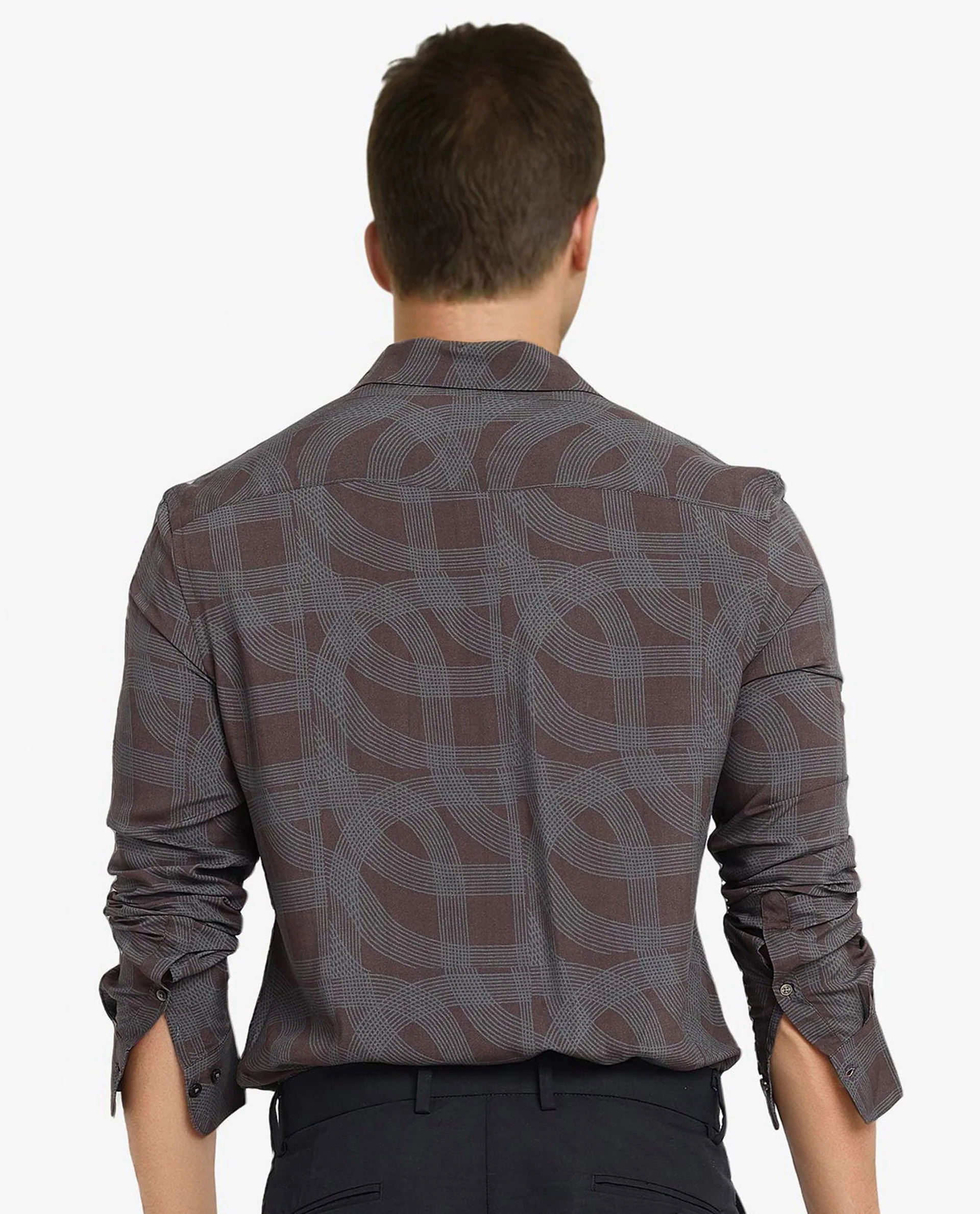 Rare Rabbit Men's Fiskur Dark Brown Geometric Print Regular Fit Full Sleeve Collared Shirt - Image 3