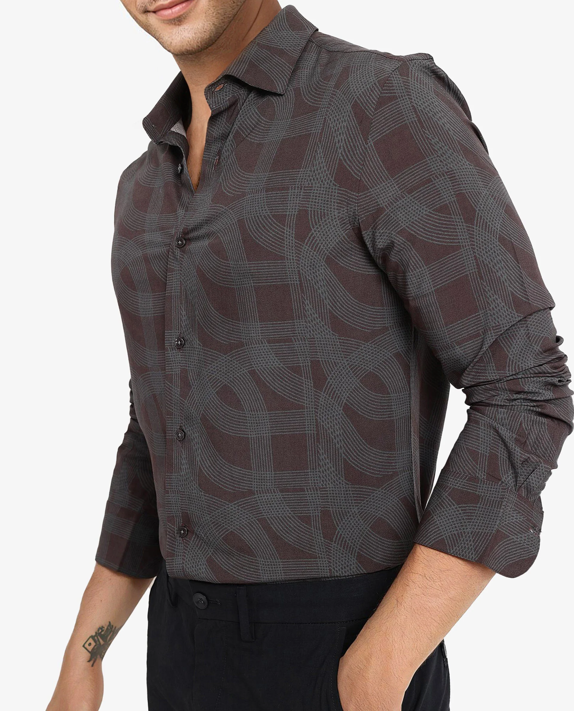 Rare Rabbit Men's Fiskur Dark Brown Geometric Print Regular Fit Full Sleeve Collared Shirt - Image 4