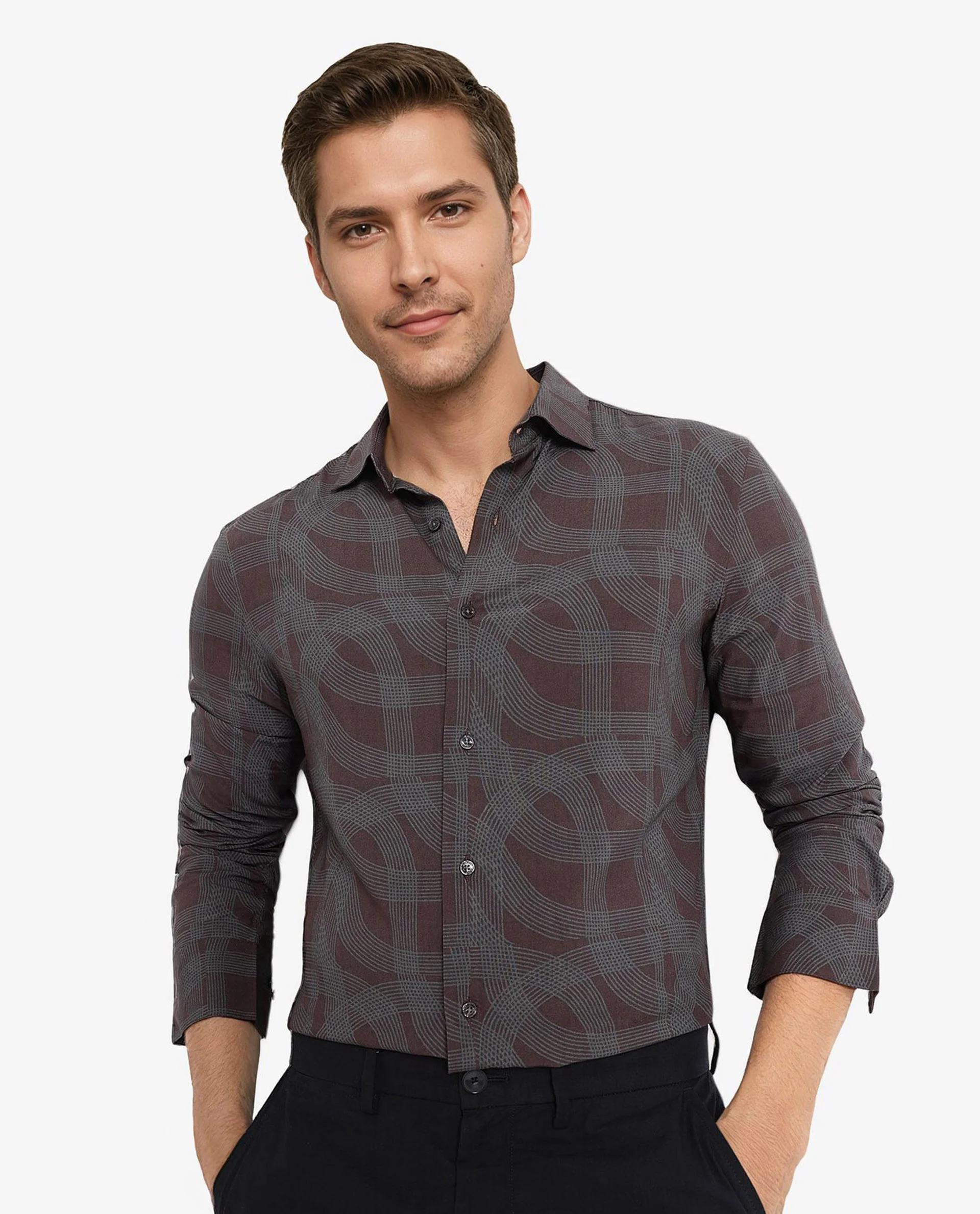 Rare Rabbit Men's Fiskur Dark Brown Geometric Print Regular Fit Full Sleeve Collared Shirt - Image 5