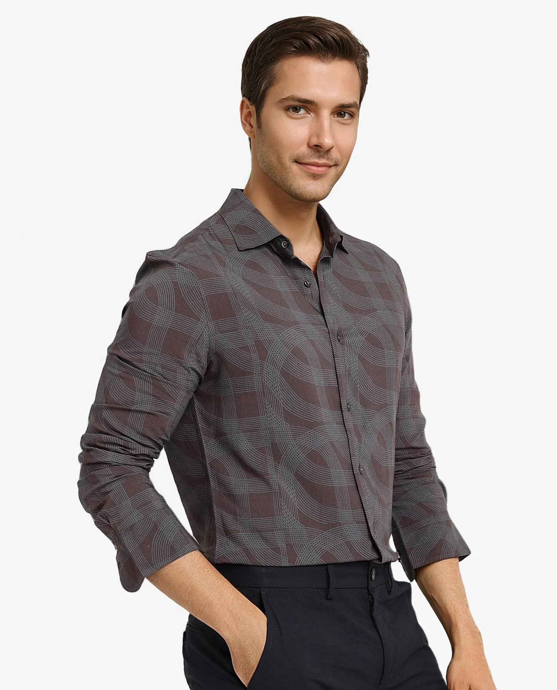 Rare Rabbit Men's Fiskur Dark Brown Geometric Print Regular Fit Full Sleeve Collared Shirt - Image 6