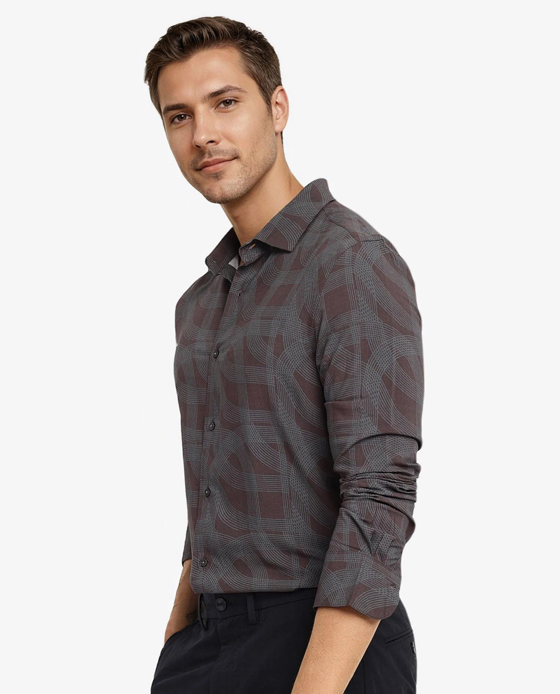 Rare Rabbit Men's Fiskur Dark Brown Geometric Print Regular Fit Full Sleeve Collared Shirt - Image 7