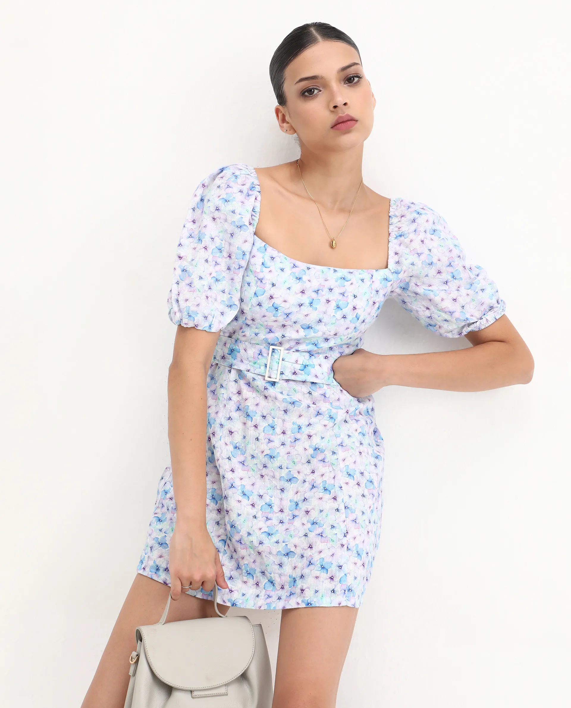 Rareism Women's Fisto Purple Linen Square Neck Floral Print Knee Length Regular Fit Dress