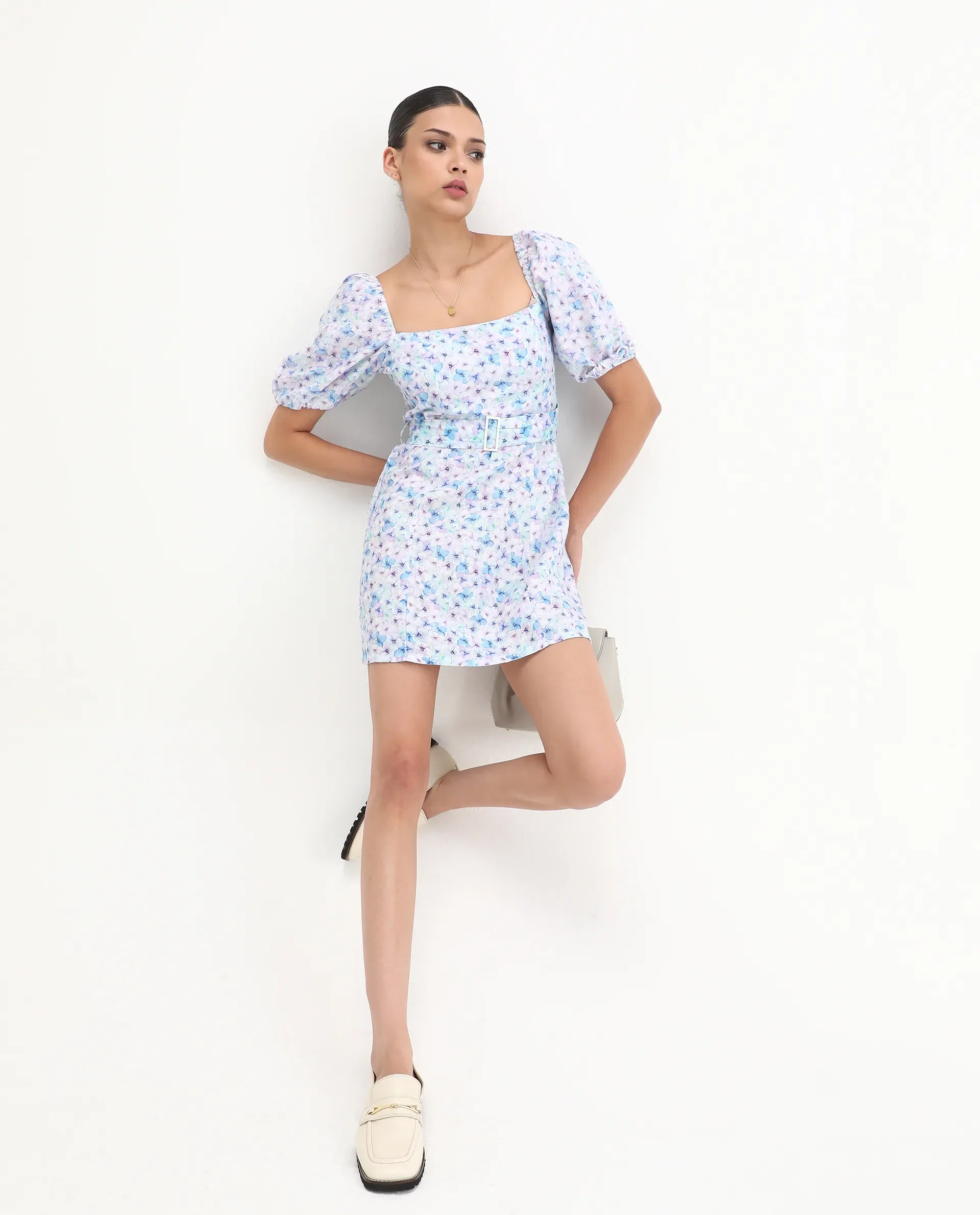 Rareism Women's Fisto Purple Linen Square Neck Floral Print Knee Length Regular Fit Dress - Image 2