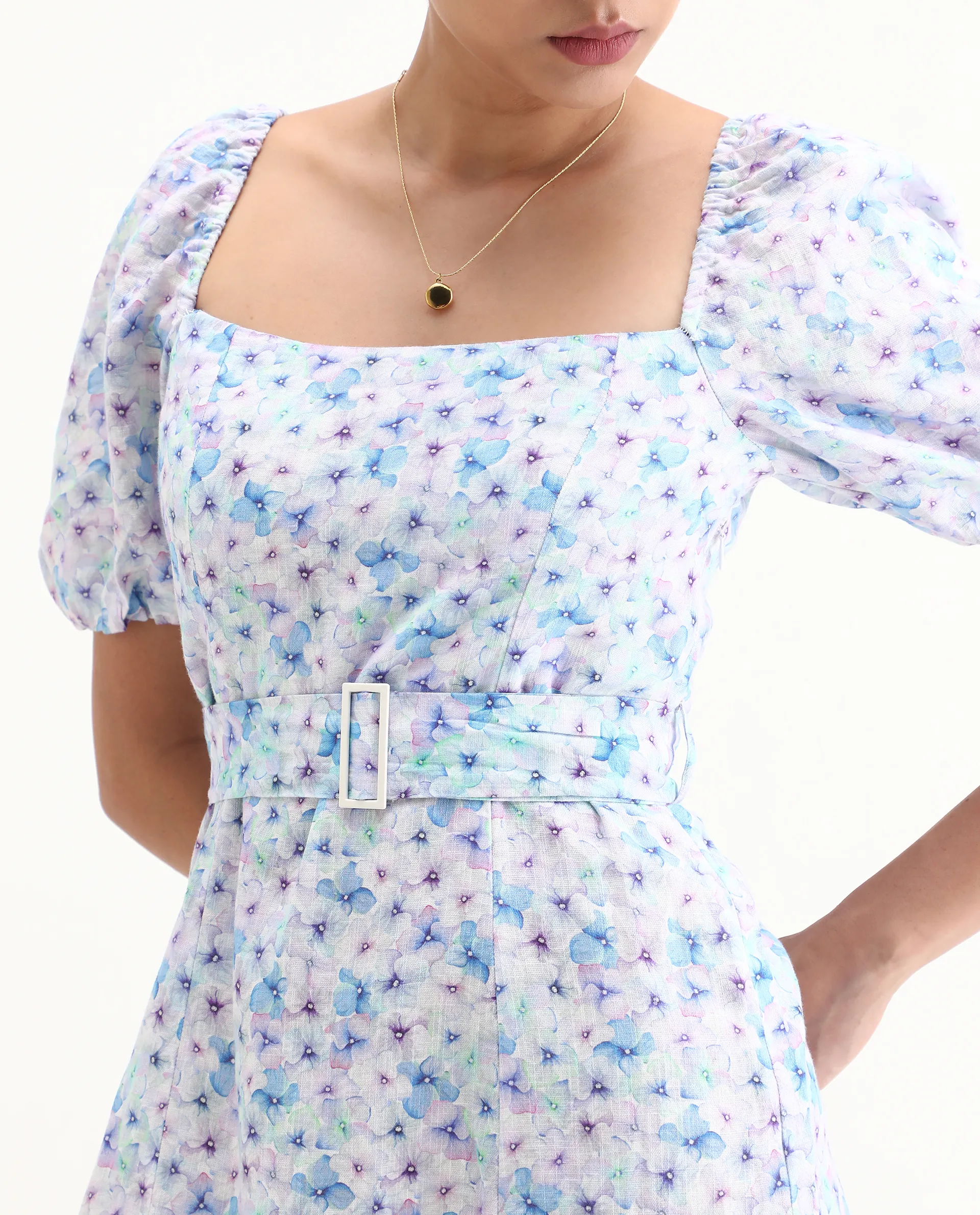 Rareism Women's Fisto Purple Linen Square Neck Floral Print Knee Length Regular Fit Dress - Image 3