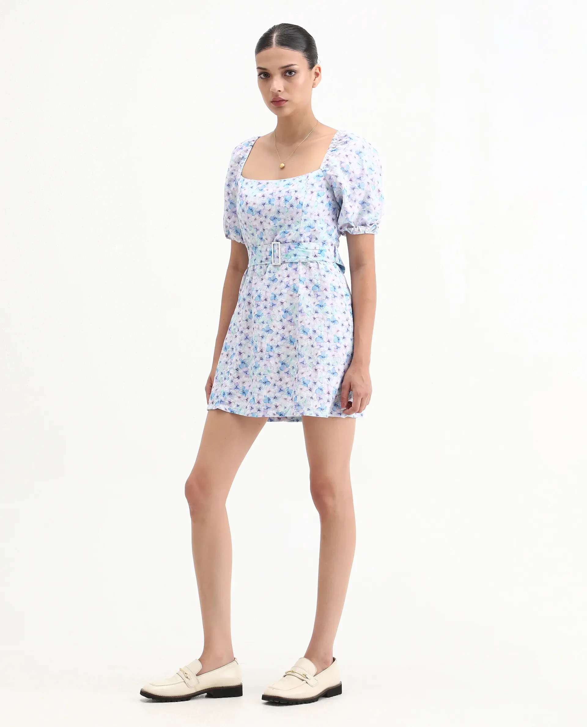 Rareism Women's Fisto Purple Linen Square Neck Floral Print Knee Length Regular Fit Dress - Image 4
