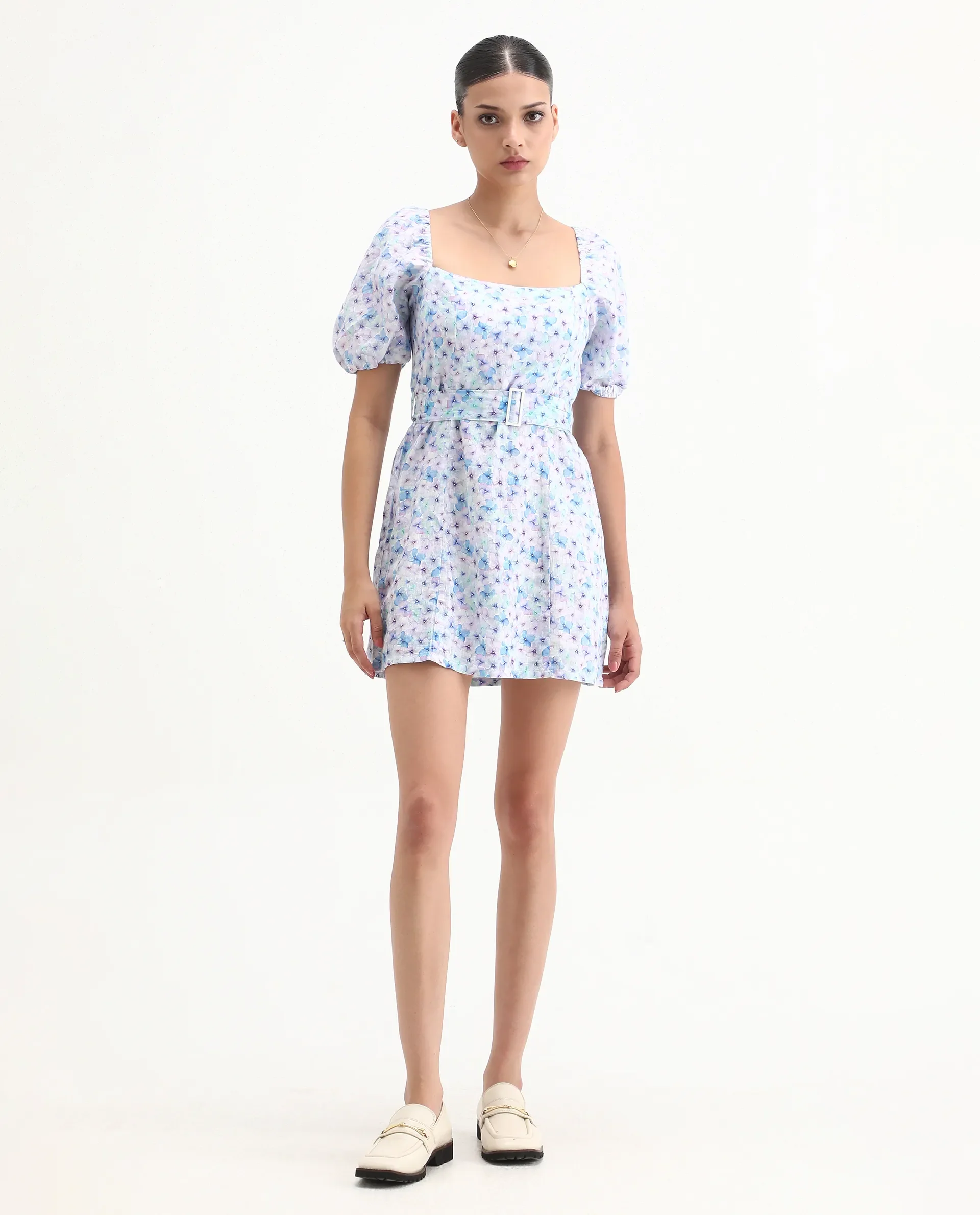 Rareism Women's Fisto Purple Linen Square Neck Floral Print Knee Length Regular Fit Dress - Image 5