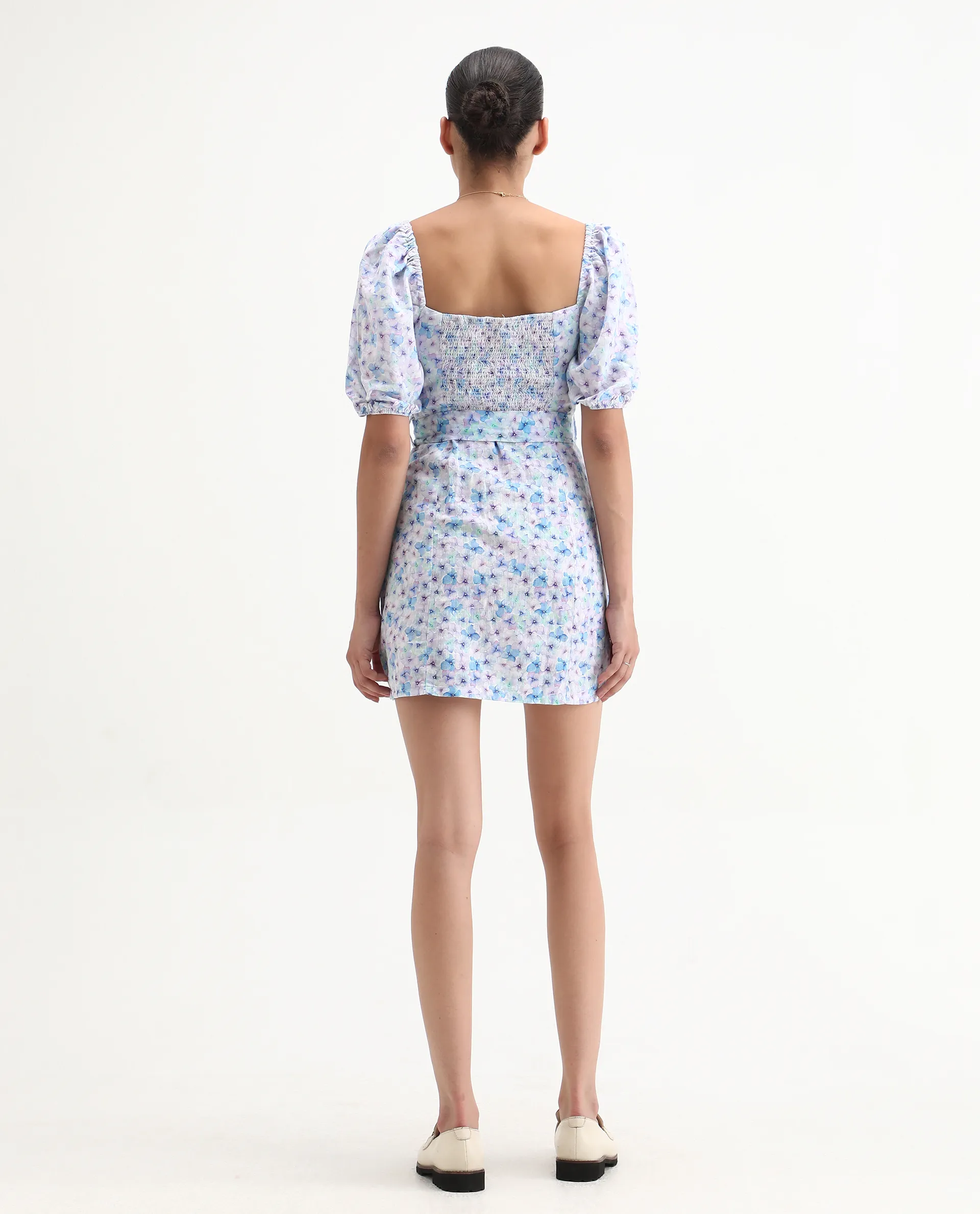 Rareism Women's Fisto Purple Linen Square Neck Floral Print Knee Length Regular Fit Dress - Image 6