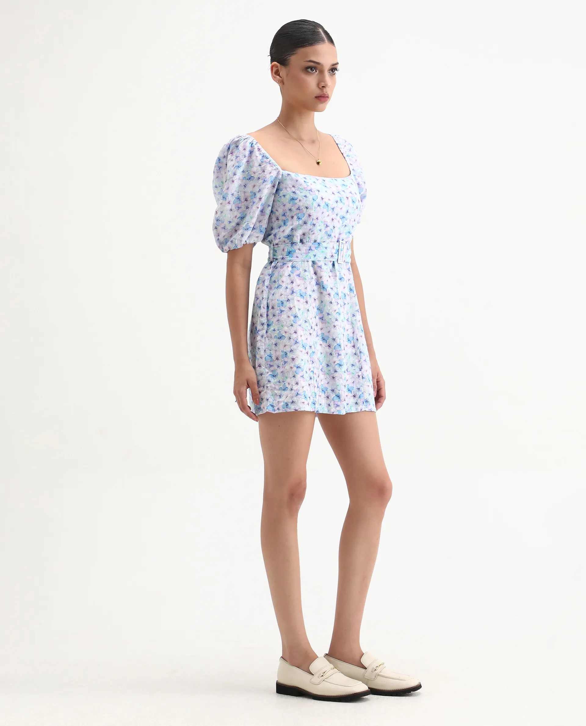 Rareism Women's Fisto Purple Linen Square Neck Floral Print Knee Length Regular Fit Dress - Image 7