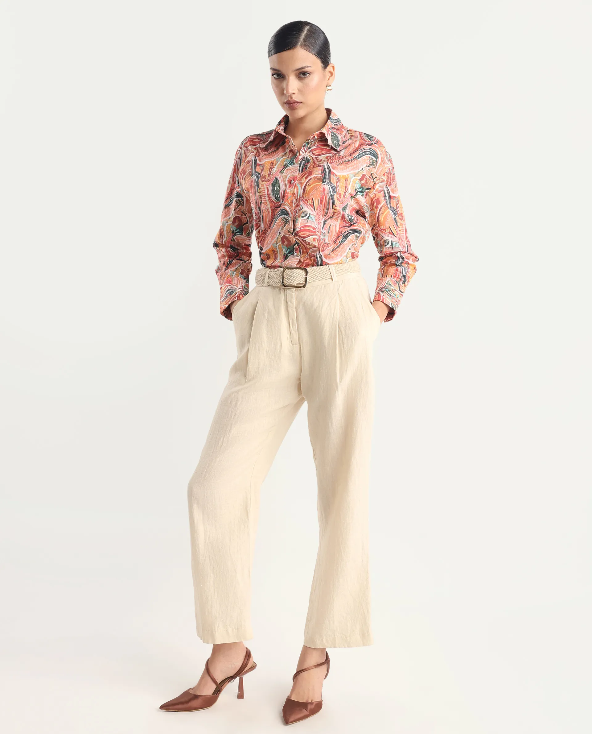 Rareism Women's Fitte Multi Cotton Drop Collar Abstract Print Cuffed Sleeve Regular Fit Shirt - Image 2