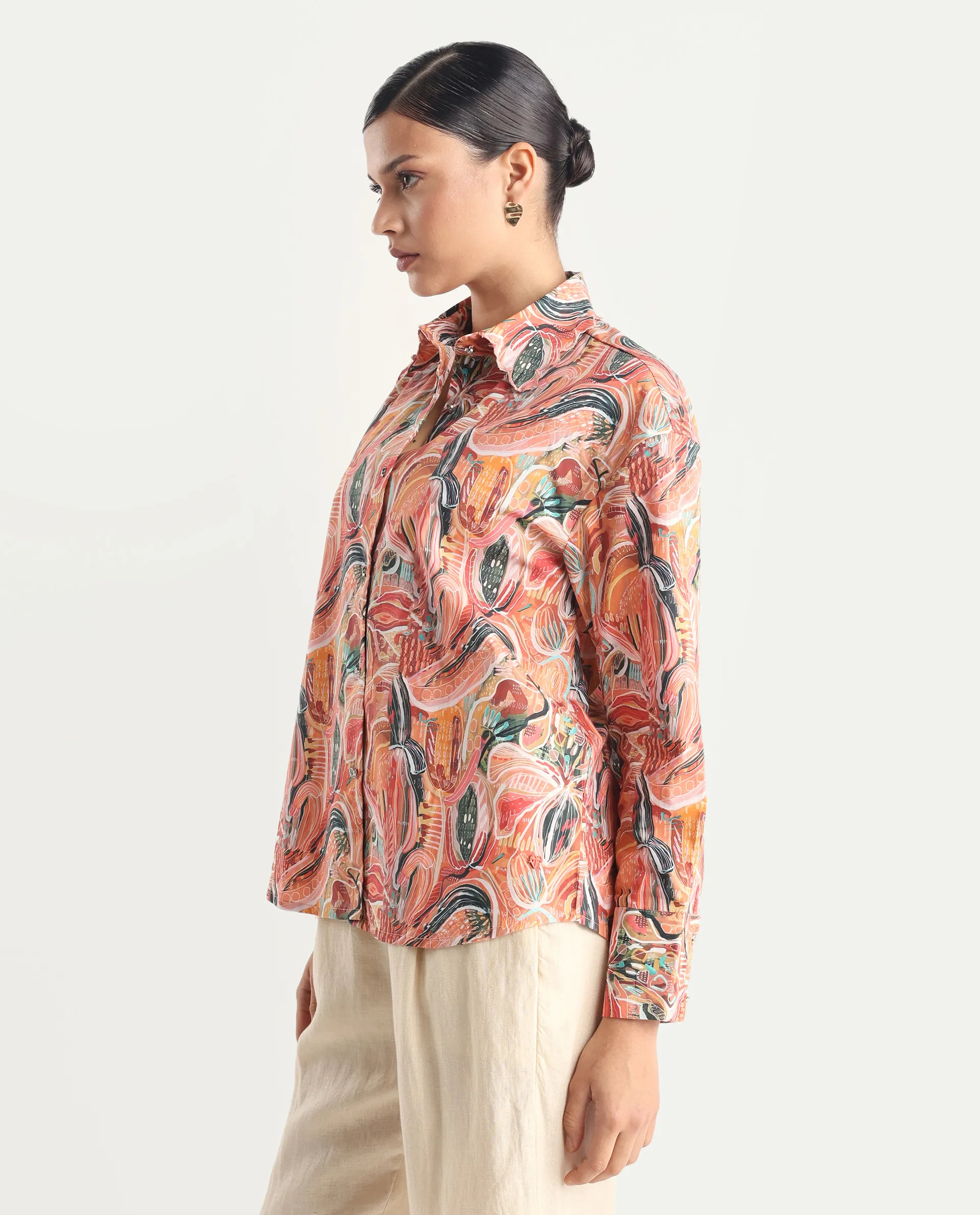 Rareism Women's Fitte Multi Cotton Drop Collar Abstract Print Cuffed Sleeve Regular Fit Shirt - Image 3