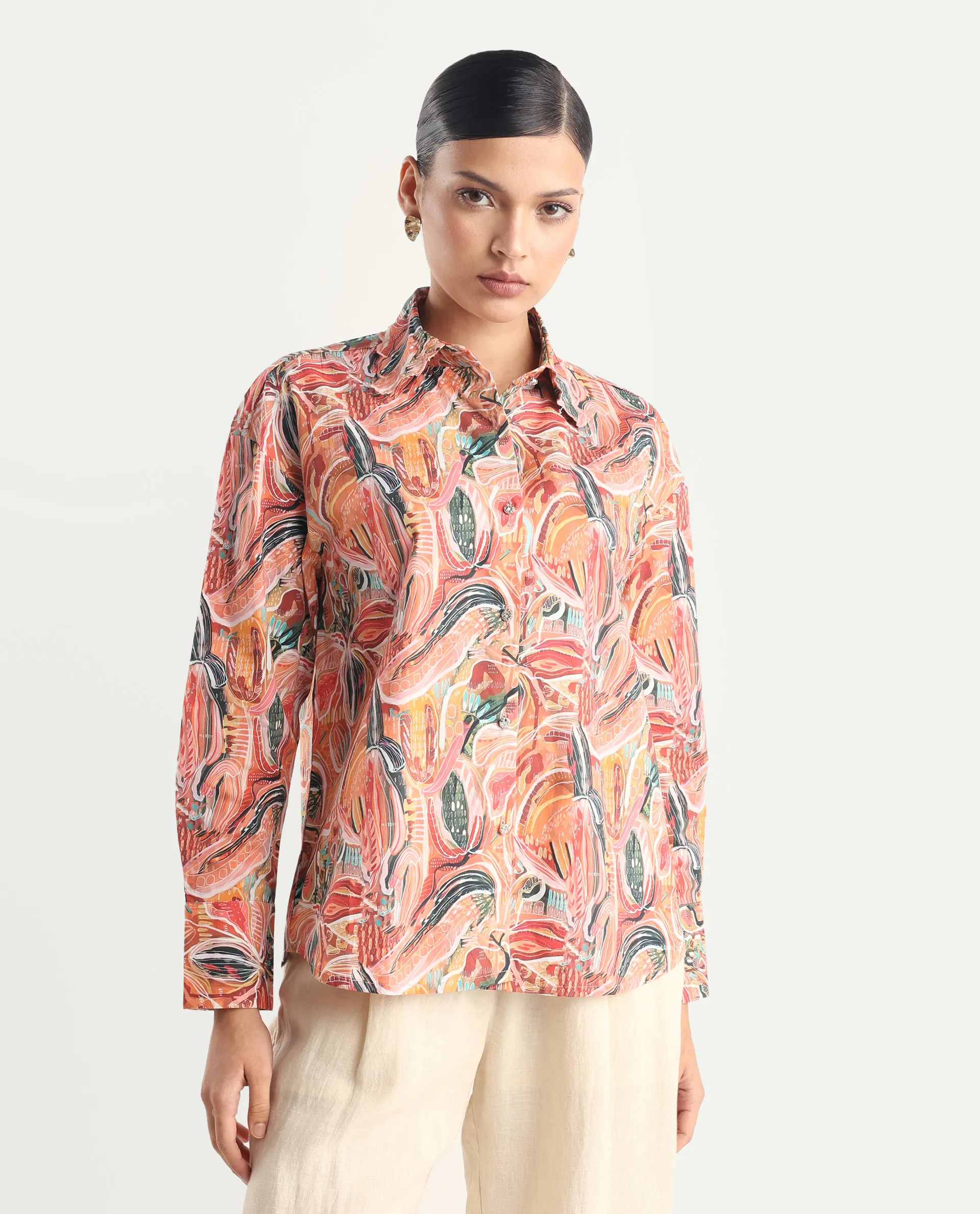 Rareism Women's Fitte Multi Cotton Drop Collar Abstract Print Cuffed Sleeve Regular Fit Shirt - Image 4