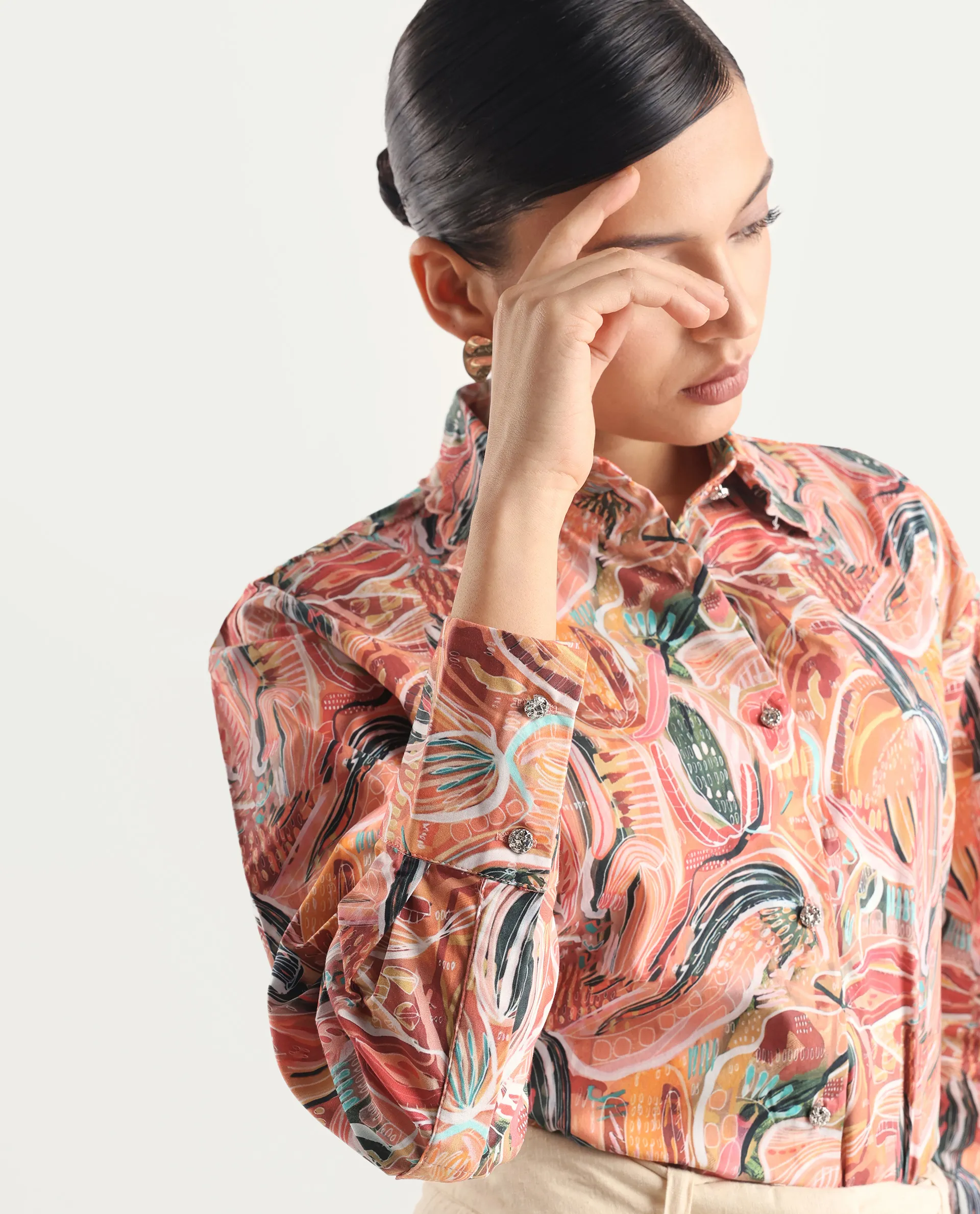 Rareism Women's Fitte Multi Cotton Drop Collar Abstract Print Cuffed Sleeve Regular Fit Shirt - Image 5