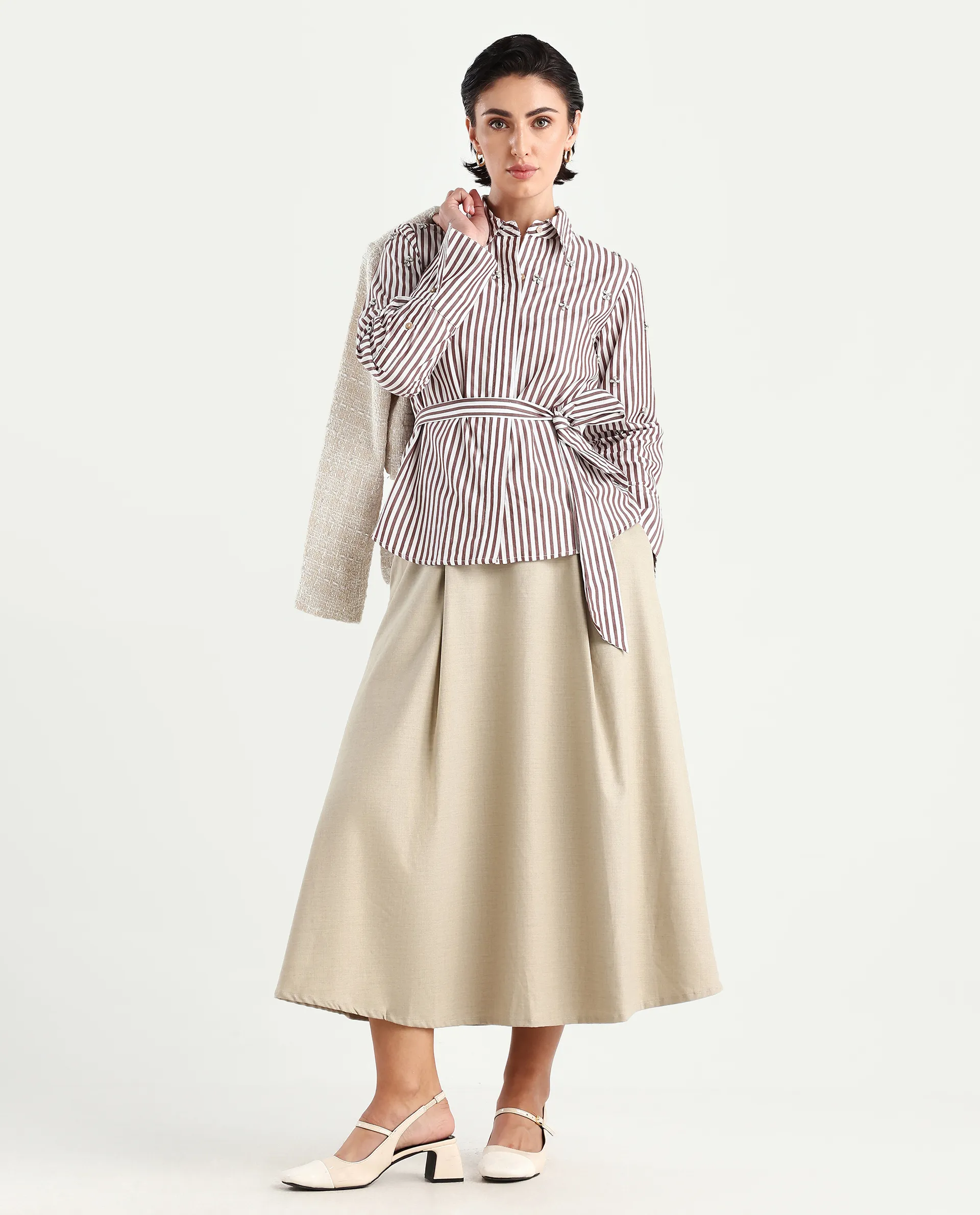 Rareism Women's Fitto Rust Cotton Drop Collar Striped Cuffed Sleeve Regular Fit Shirt - Image 2
