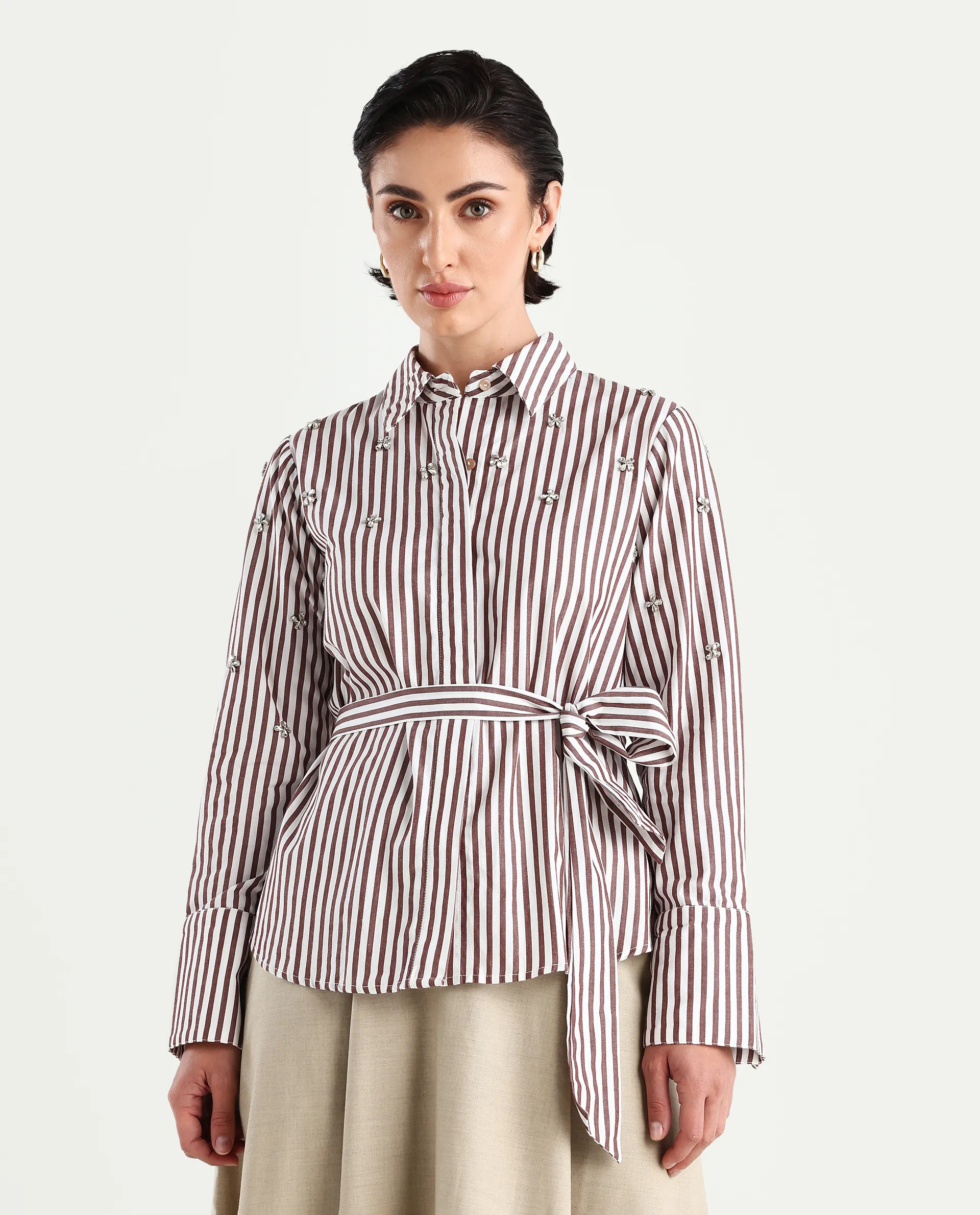 Rareism Women's Fitto Rust Cotton Drop Collar Striped Cuffed Sleeve Regular Fit Shirt - Image 3