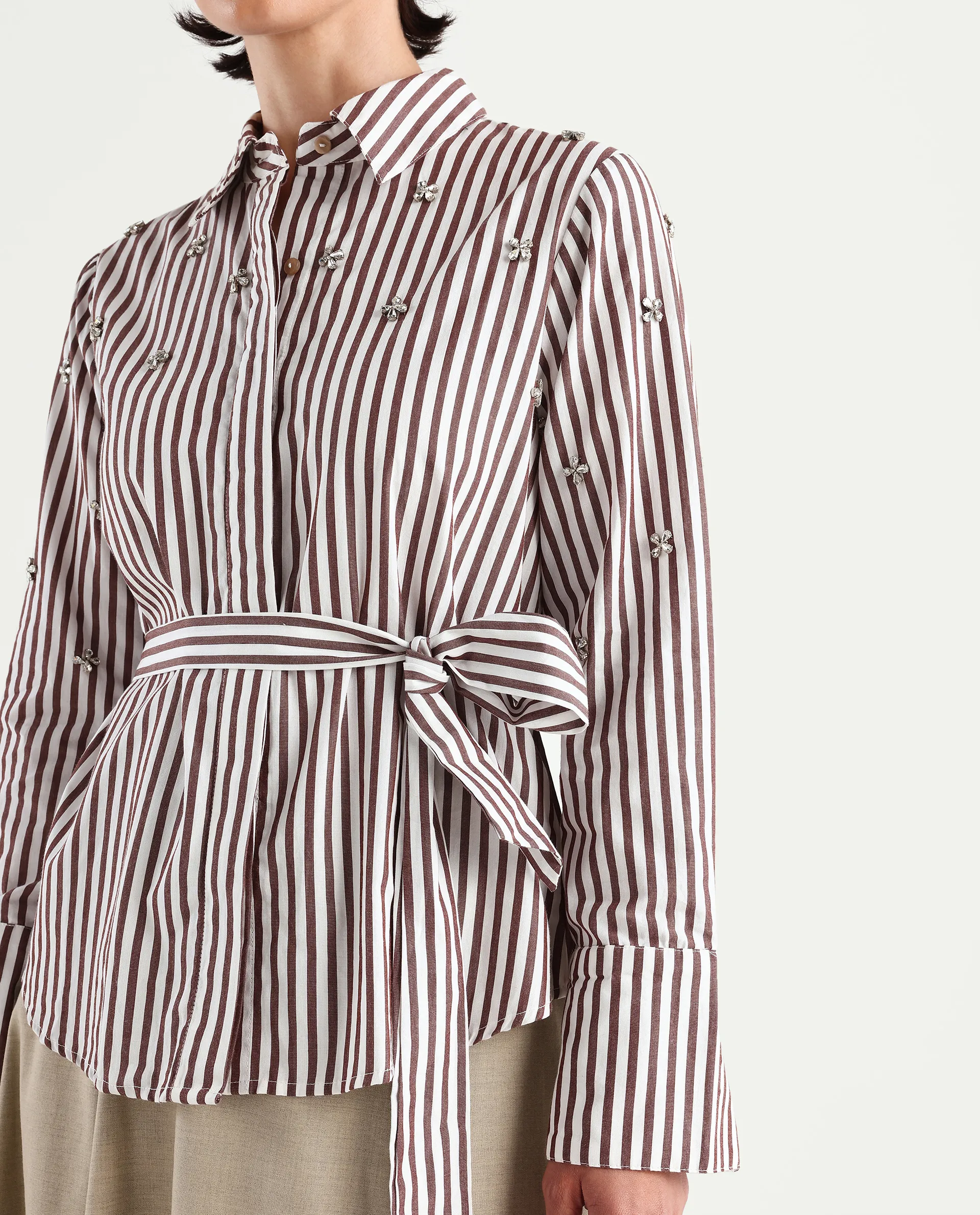 Rareism Women's Fitto Rust Cotton Drop Collar Striped Cuffed Sleeve Regular Fit Shirt - Image 4