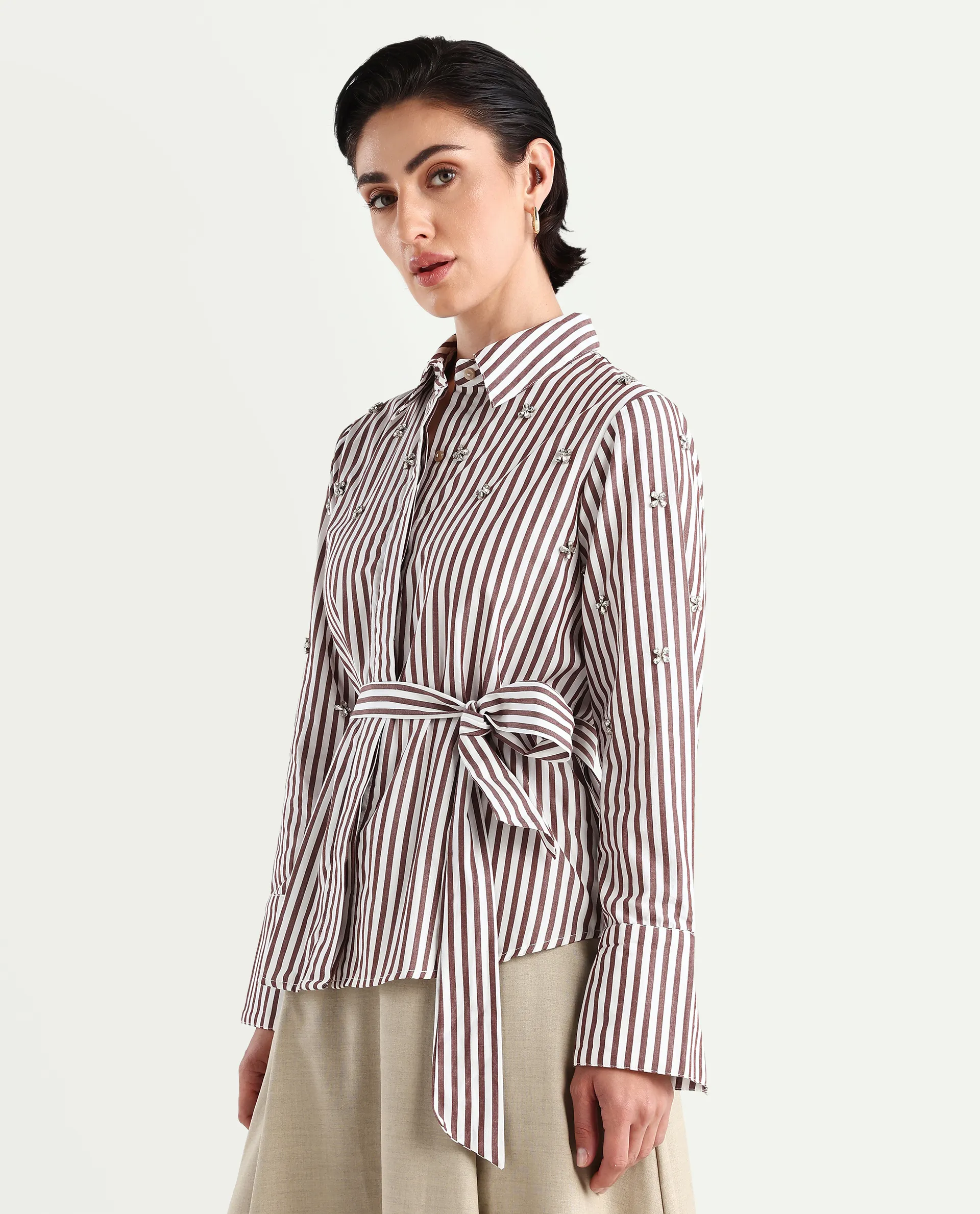 Rareism Women's Fitto Rust Cotton Drop Collar Striped Cuffed Sleeve Regular Fit Shirt - Image 5