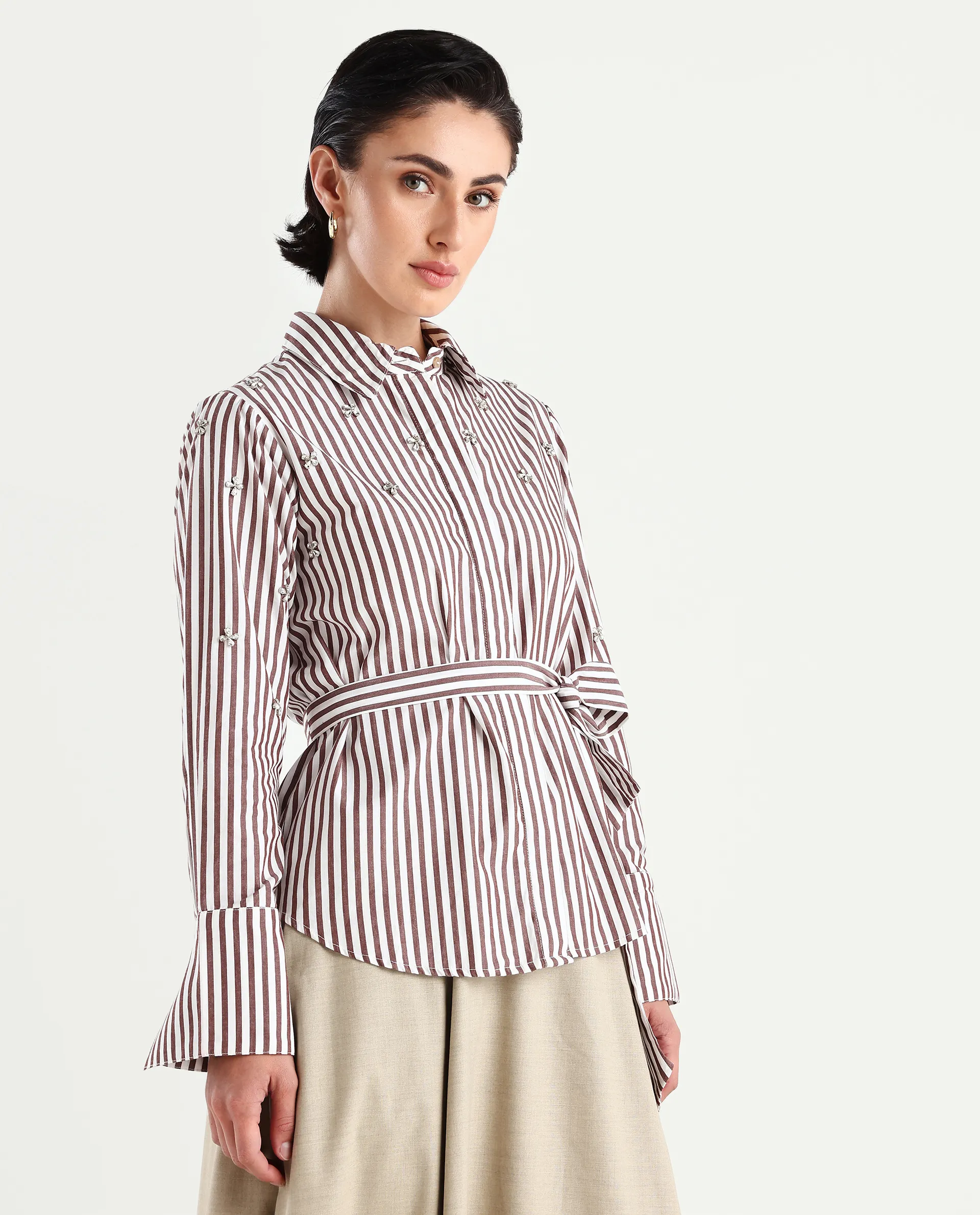 Rareism Women's Fitto Rust Cotton Drop Collar Striped Cuffed Sleeve Regular Fit Shirt - Image 6