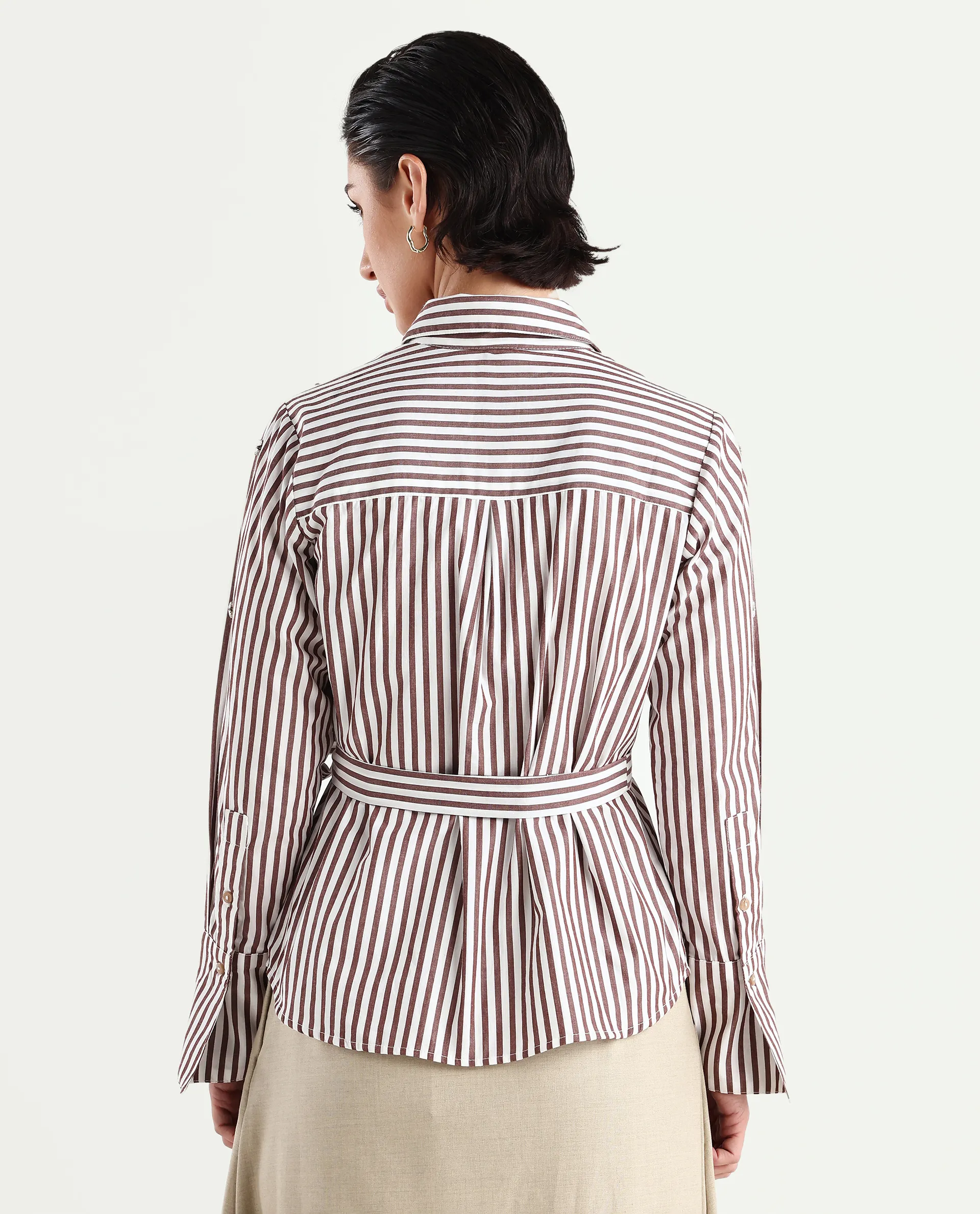 Rareism Women's Fitto Rust Cotton Drop Collar Striped Cuffed Sleeve Regular Fit Shirt - Image 7