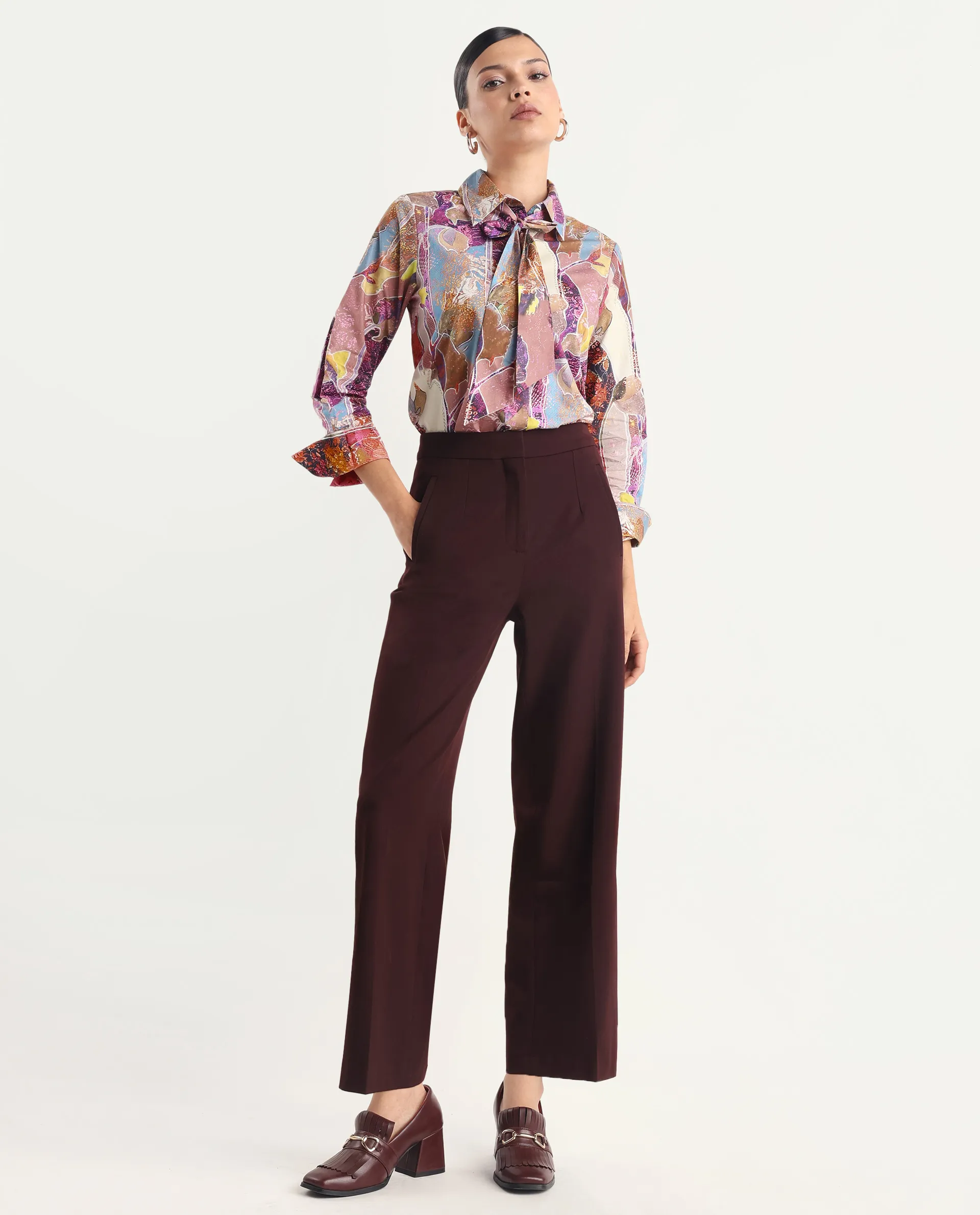 Rareism Women's Fittop Multi Cotton Spread Collar Abstract Print Cuffed Sleeve Regular Fit Top - Image 2