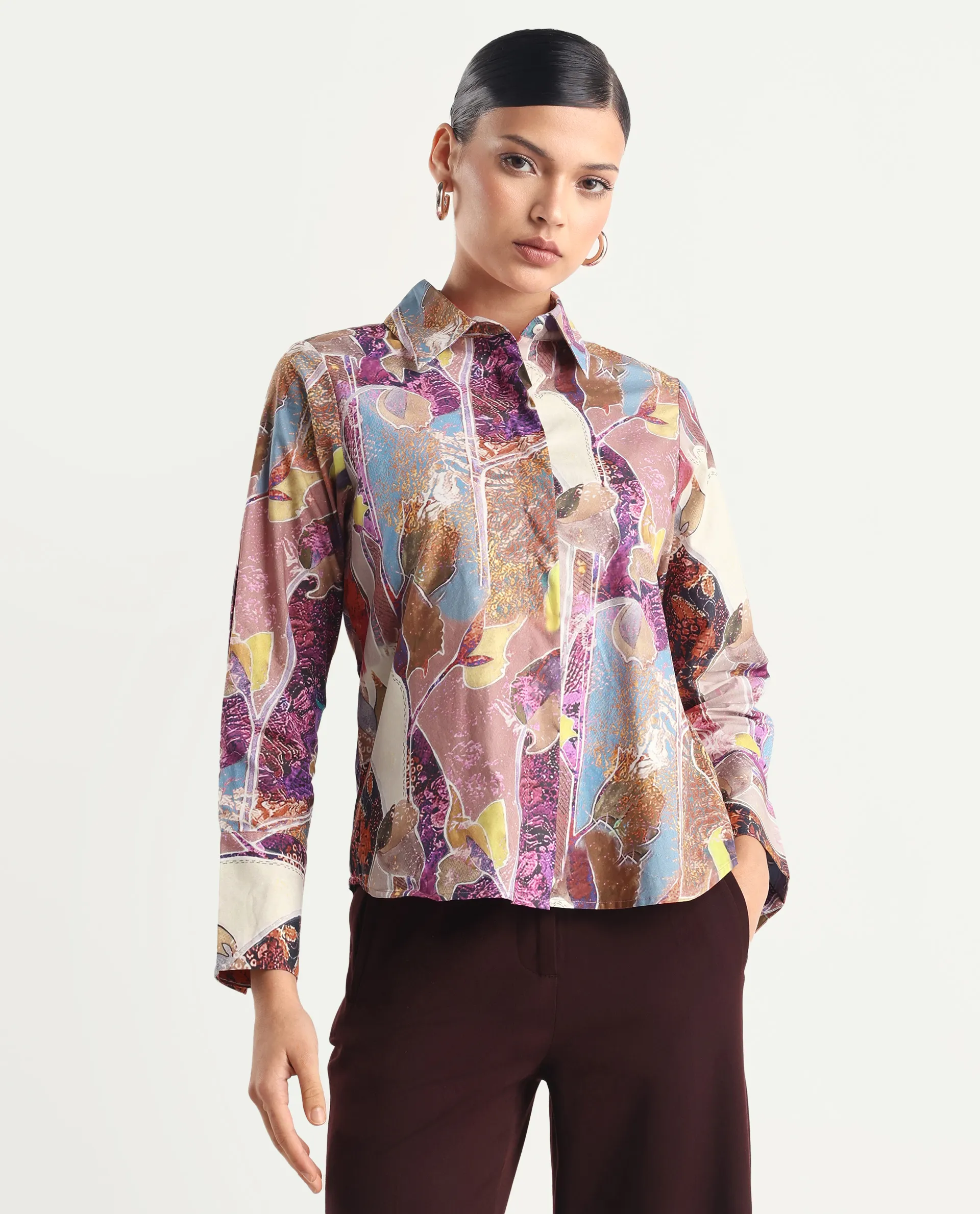 Rareism Women's Fittop Multi Cotton Spread Collar Abstract Print Cuffed Sleeve Regular Fit Top - Image 4