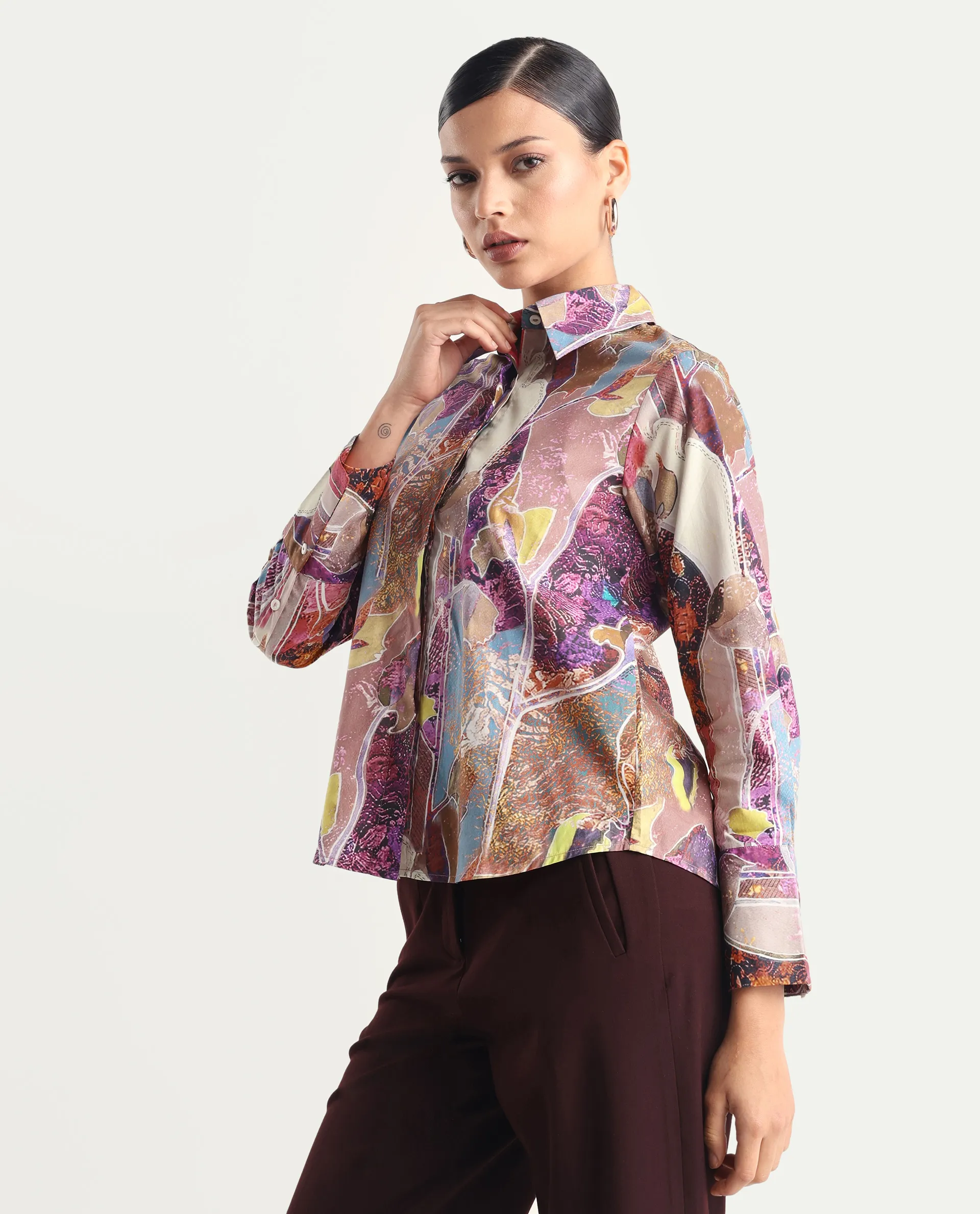 Rareism Women's Fittop Multi Cotton Spread Collar Abstract Print Cuffed Sleeve Regular Fit Top - Image 6