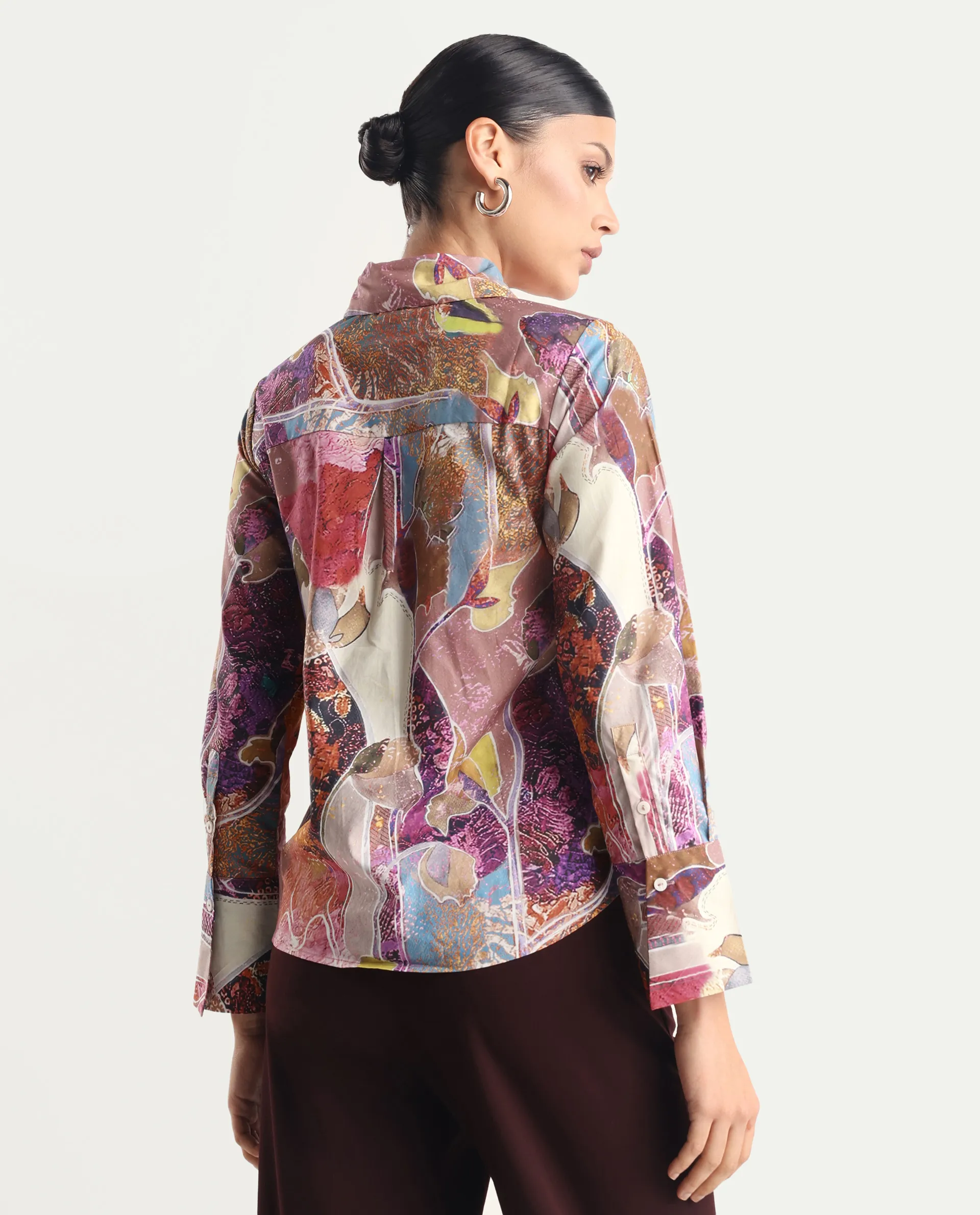 Rareism Women's Fittop Multi Cotton Spread Collar Abstract Print Cuffed Sleeve Regular Fit Top - Image 7
