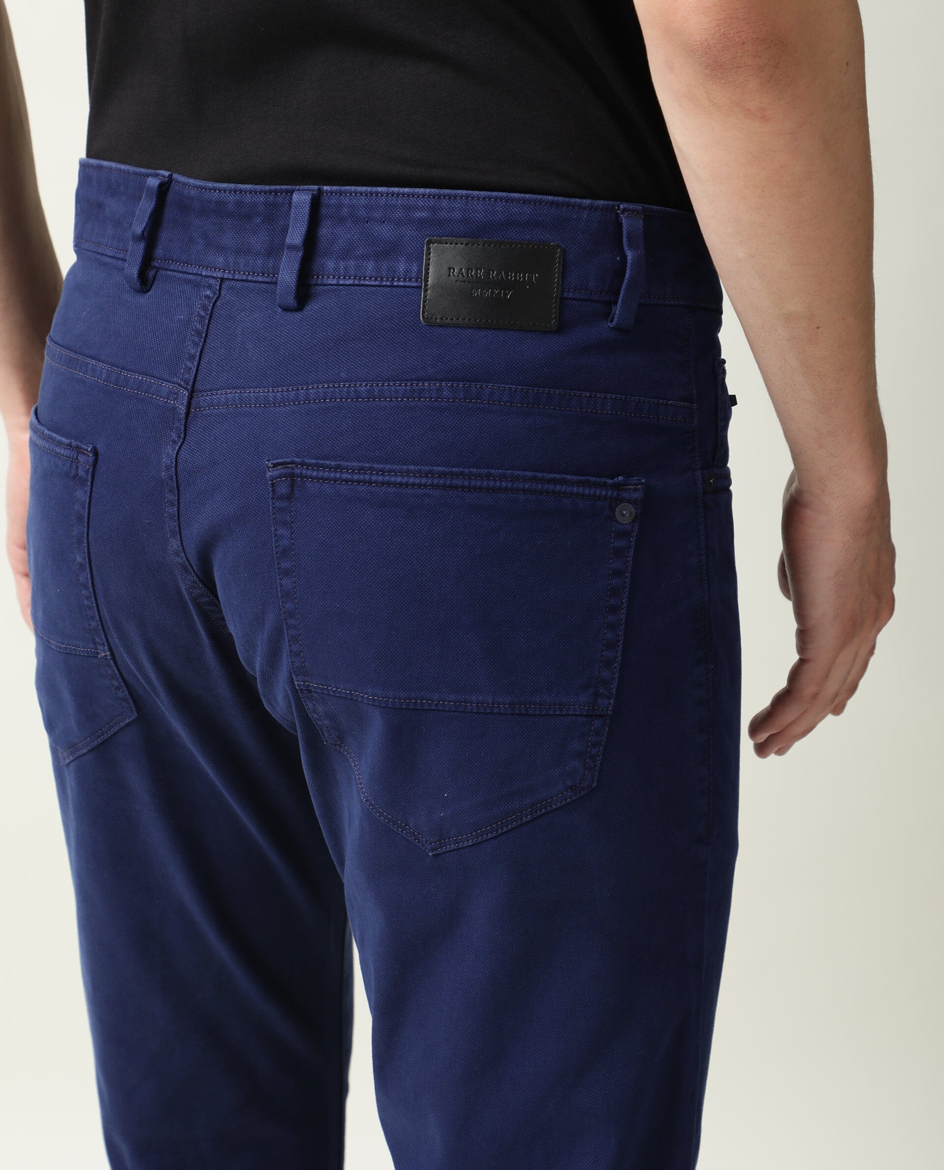 Rare Rabbit Men's Fiv5 Blue Cotton Plain Slim Fit Trouser - Image 11