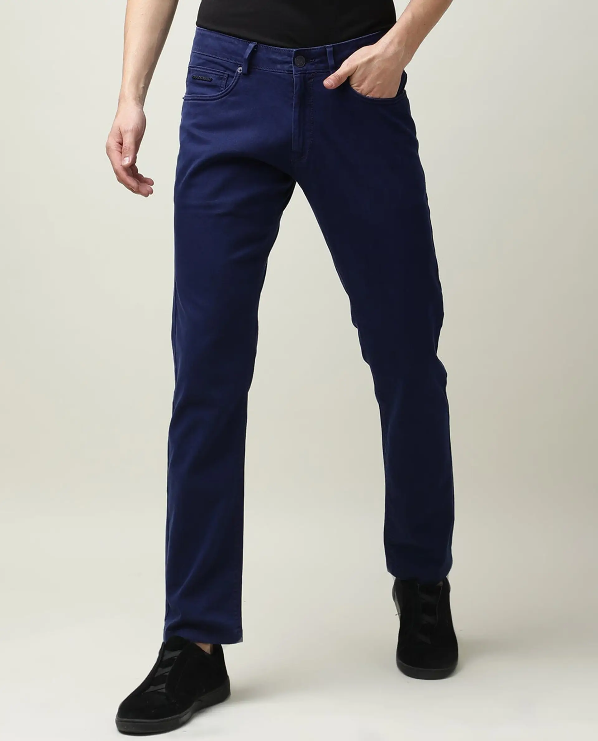 Rare Rabbit Men's Fiv5 Blue Cotton Plain Slim Fit Trouser - Image 12
