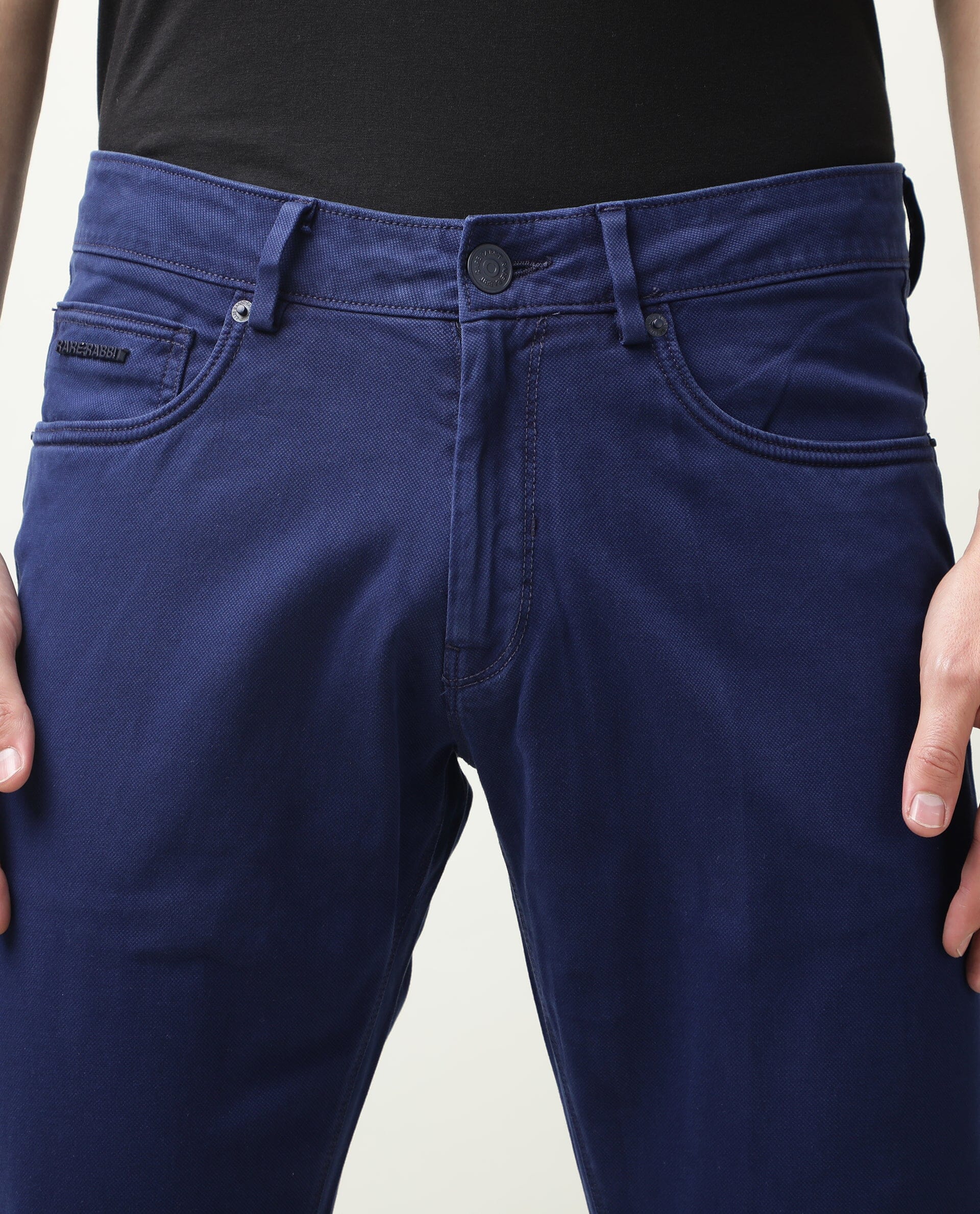 Rare Rabbit Men's Fiv5 Blue Cotton Plain Slim Fit Trouser - Image 2