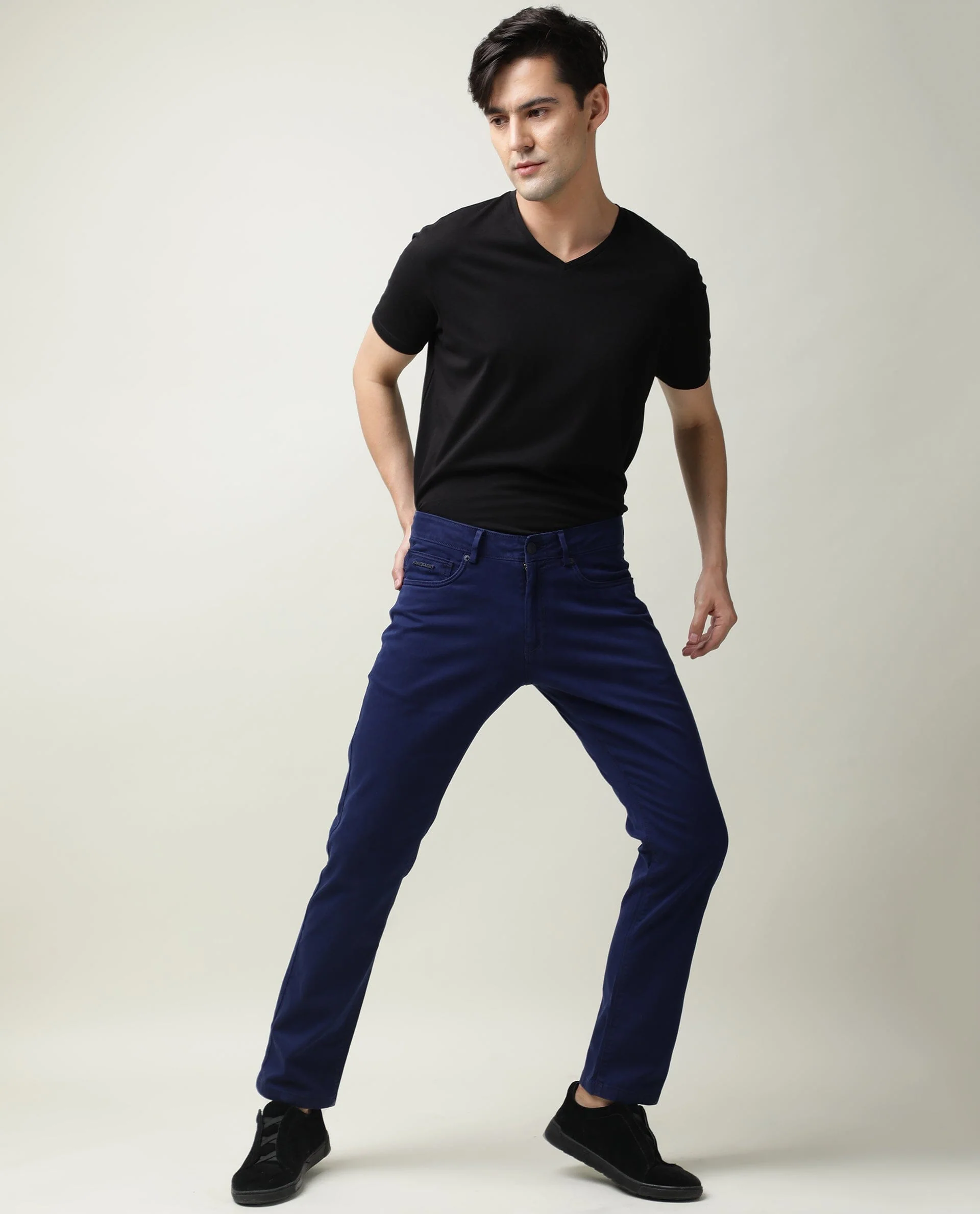 Rare Rabbit Men's Fiv5 Blue Cotton Plain Slim Fit Trouser - Image 3