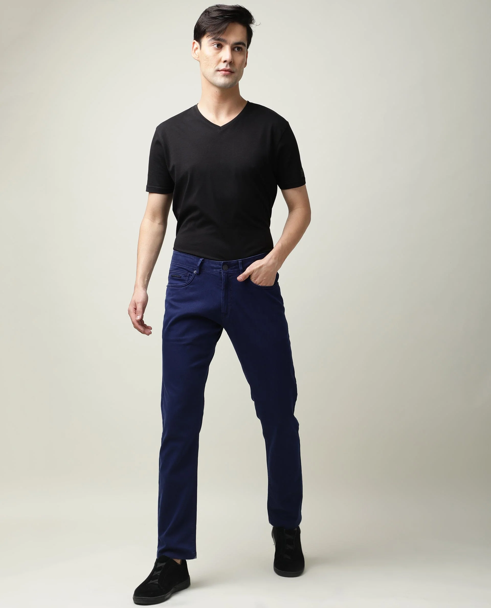 Rare Rabbit Men's Fiv5 Blue Cotton Plain Slim Fit Trouser - Image 4