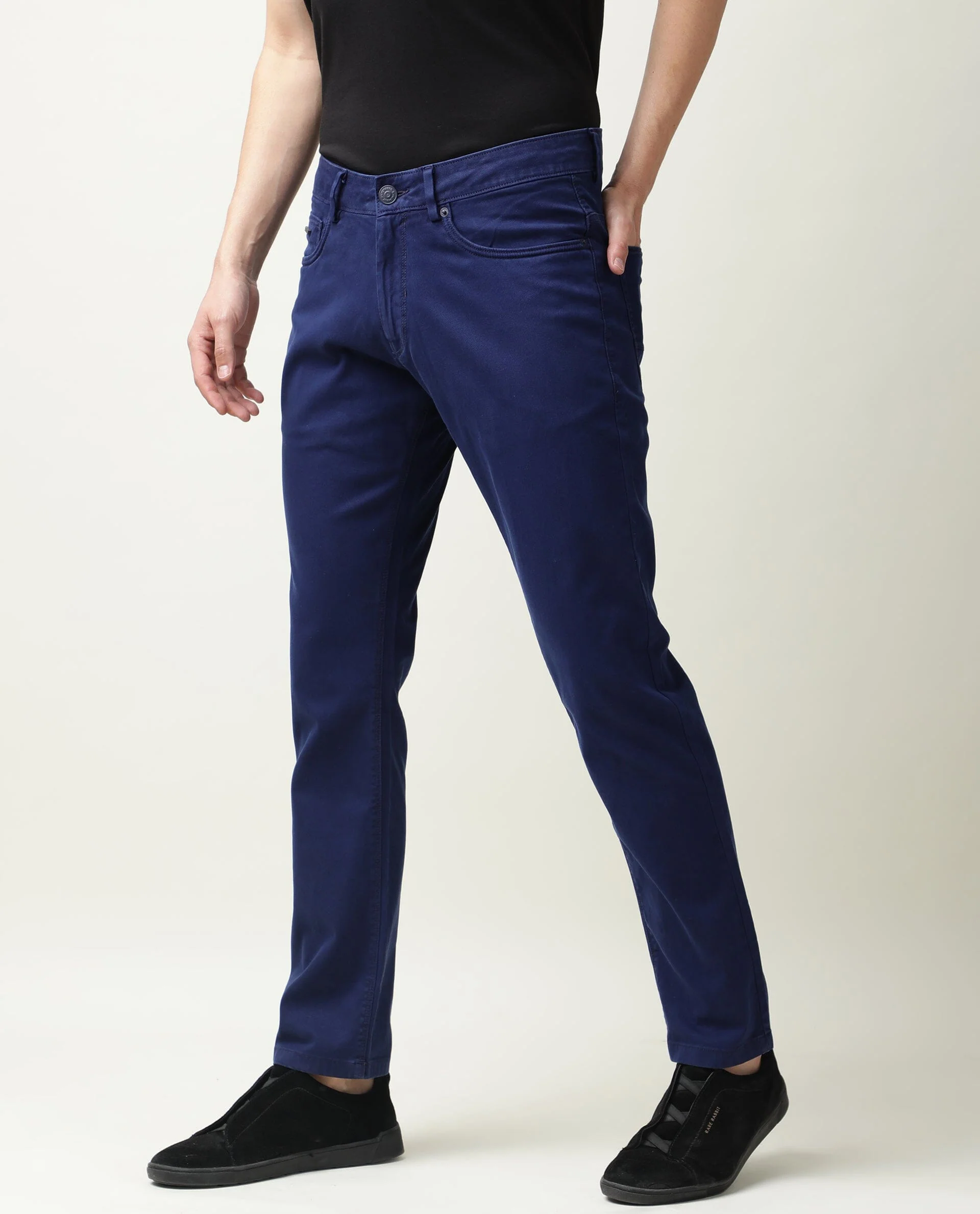 Rare Rabbit Men's Fiv5 Blue Cotton Plain Slim Fit Trouser - Image 5