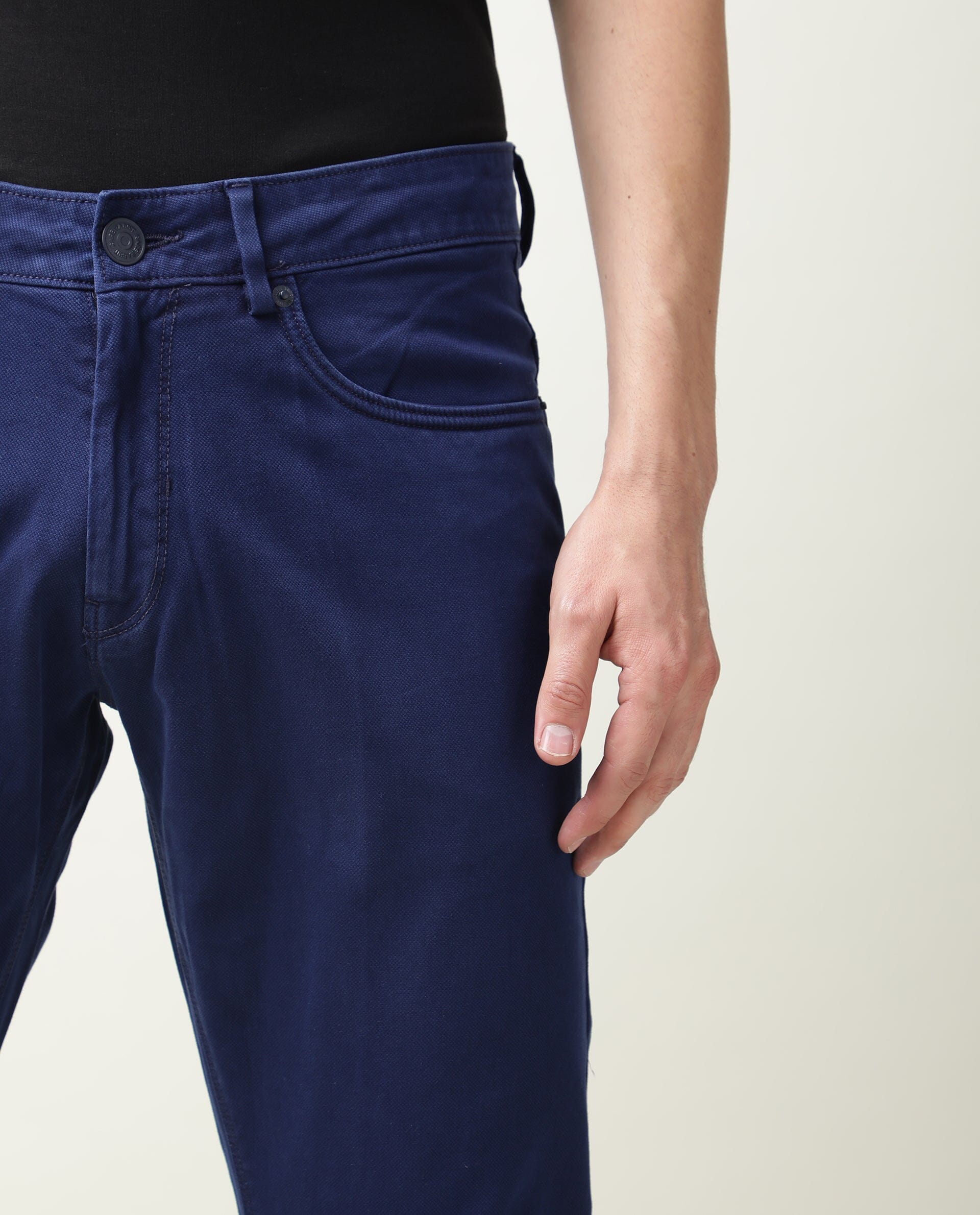 Rare Rabbit Men's Fiv5 Blue Cotton Plain Slim Fit Trouser - Image 6