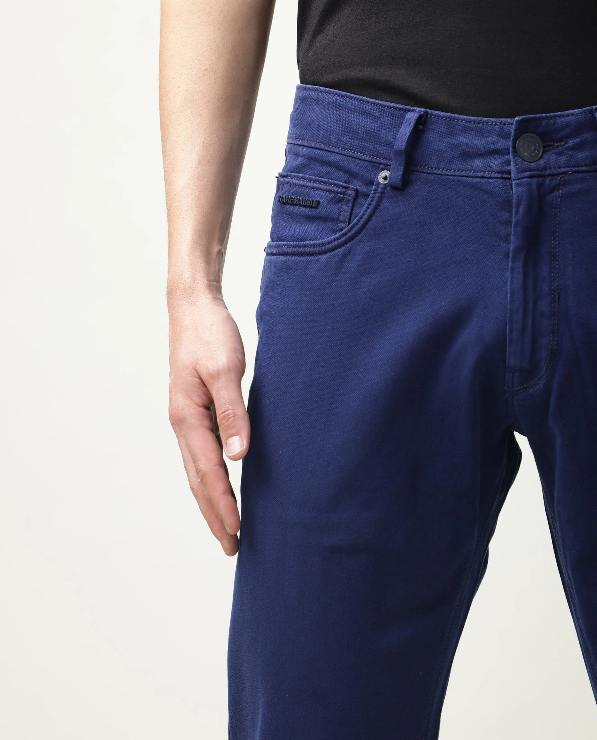 Rare Rabbit Men's Fiv5 Blue Cotton Plain Slim Fit Trouser - Image 7