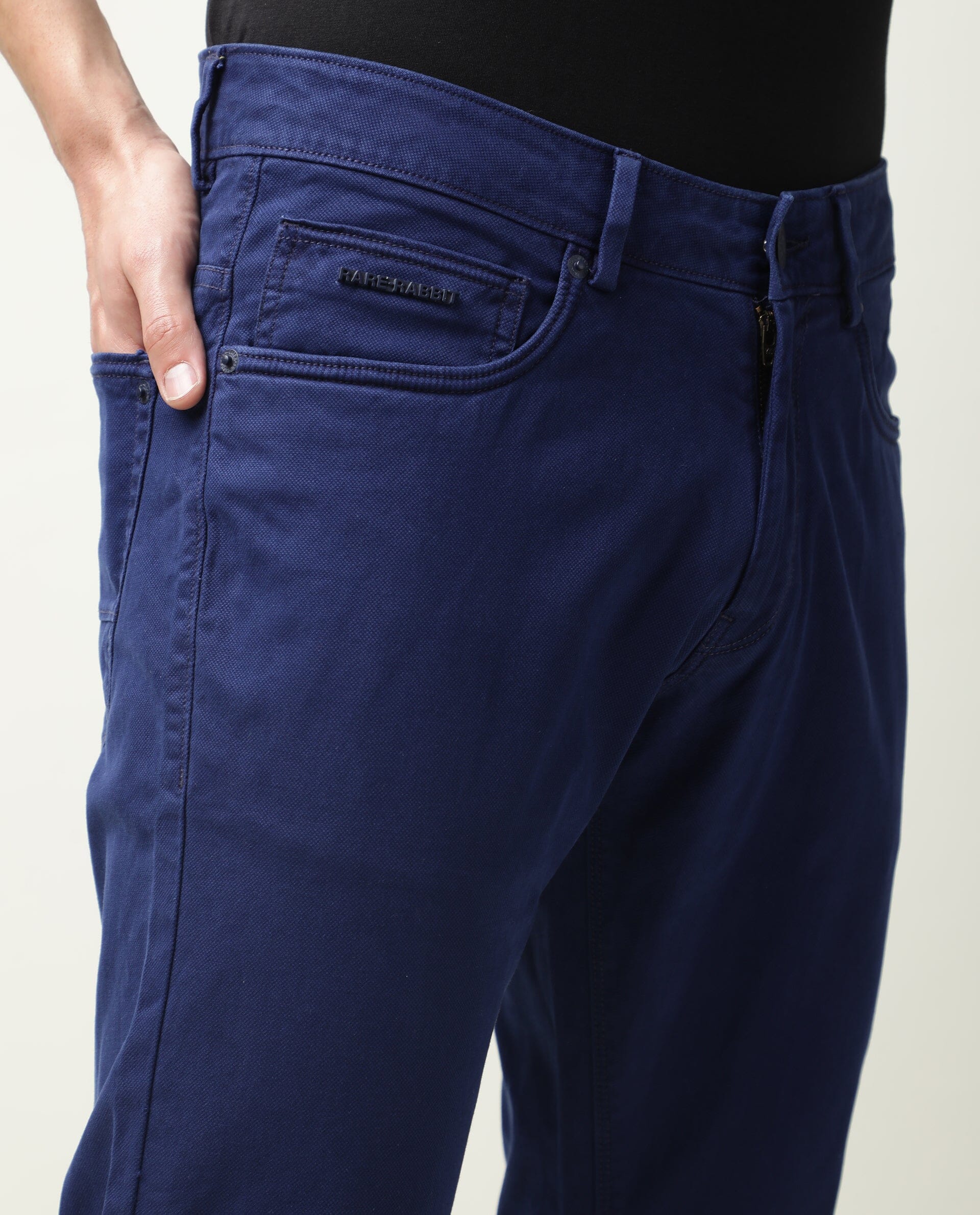 Rare Rabbit Men's Fiv5 Blue Cotton Plain Slim Fit Trouser - Image 8