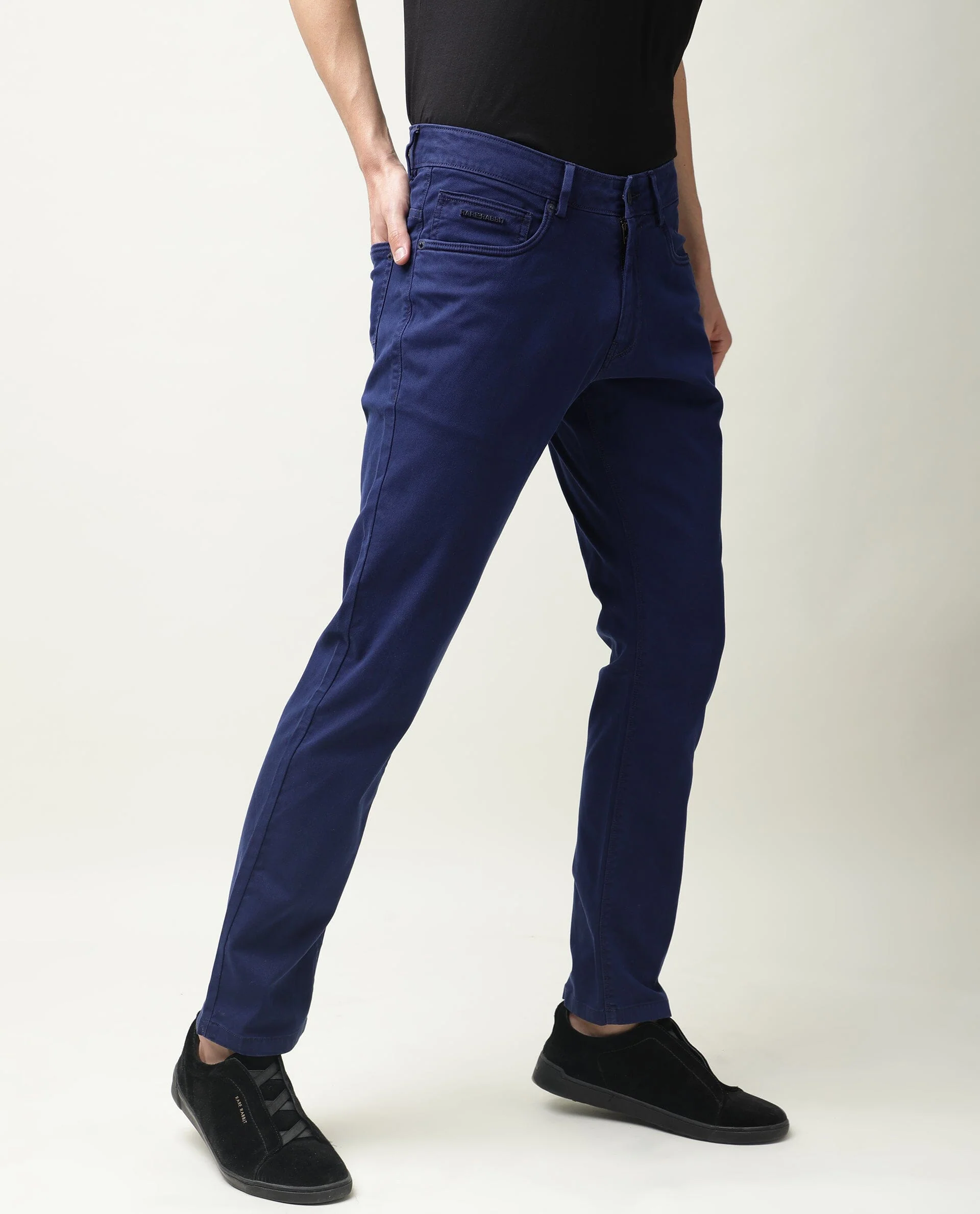 Rare Rabbit Men's Fiv5 Blue Cotton Plain Slim Fit Trouser - Image 9
