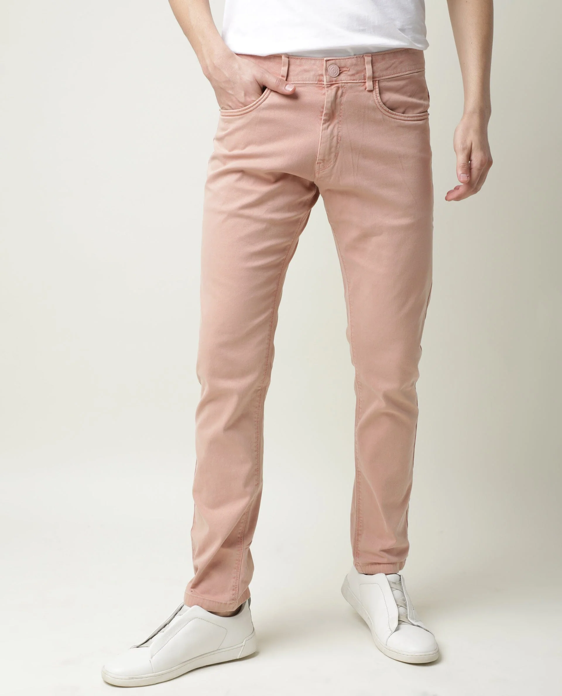 Rare Rabbit Men's Fiv5 Pink Cotton Plain Slim Fit Trouser - Image 11