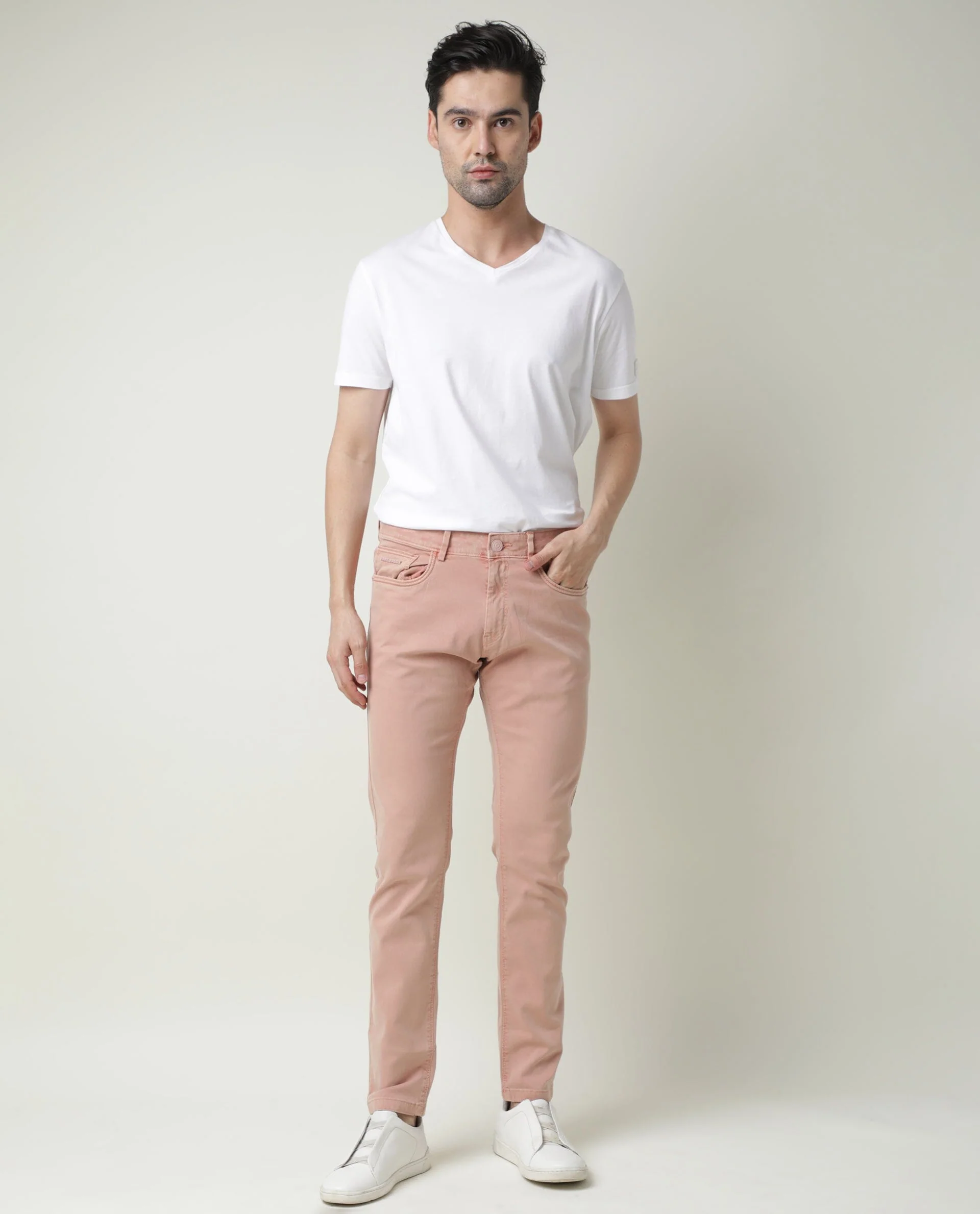 Rare Rabbit Men's Fiv5 Pink Cotton Plain Slim Fit Trouser - Image 4