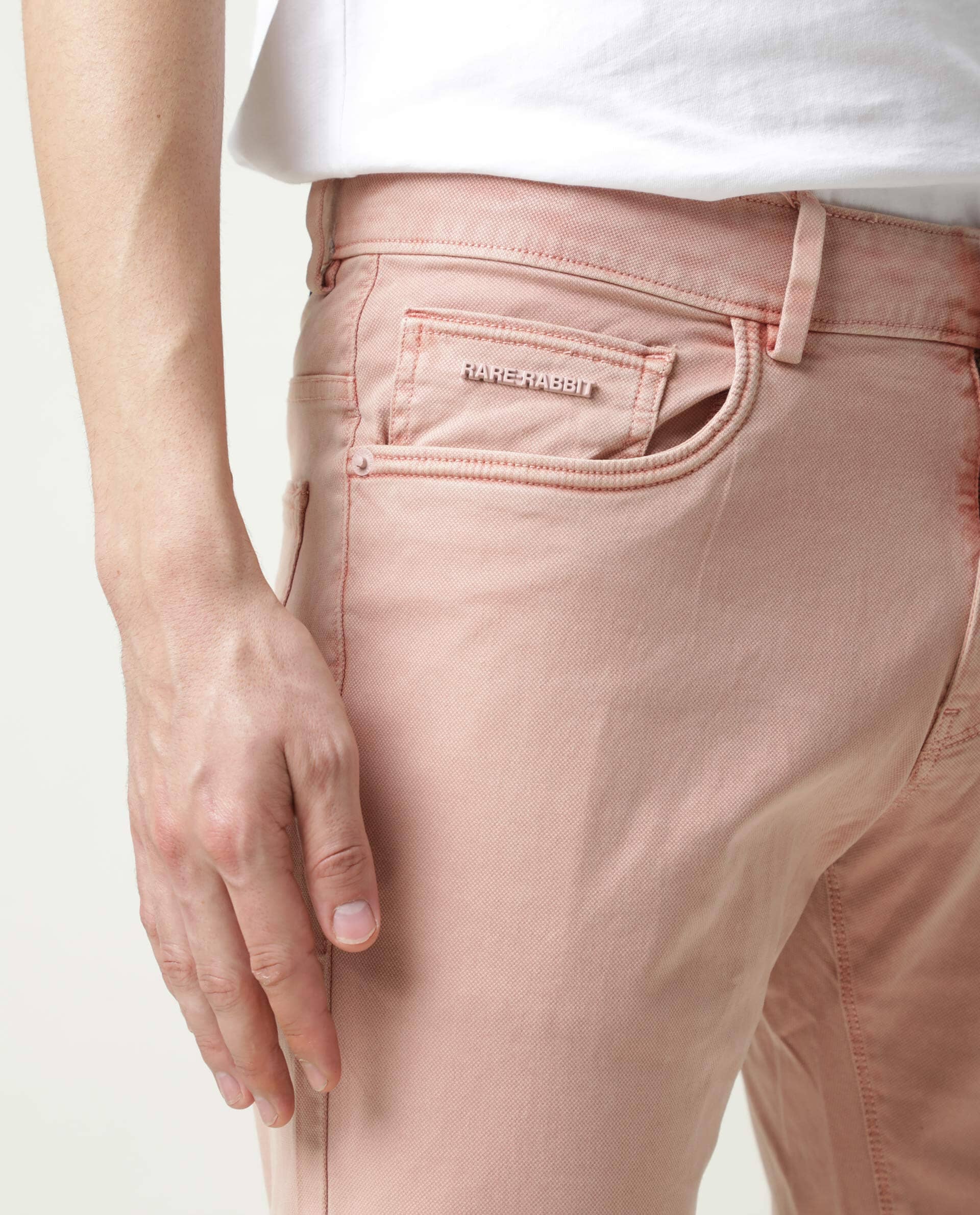 Rare Rabbit Men's Fiv5 Pink Cotton Plain Slim Fit Trouser - Image 5