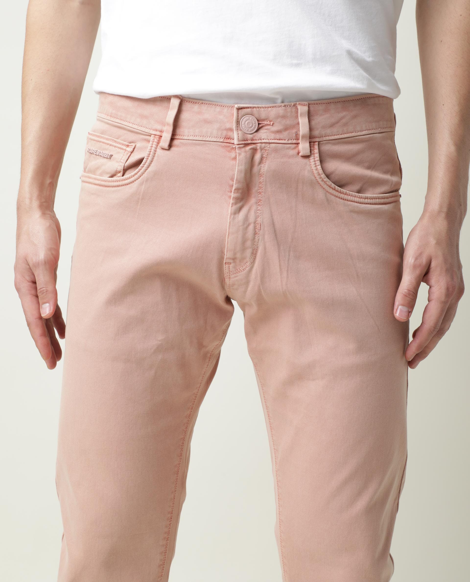 Rare Rabbit Men's Fiv5 Pink Cotton Plain Slim Fit Trouser - Image 6