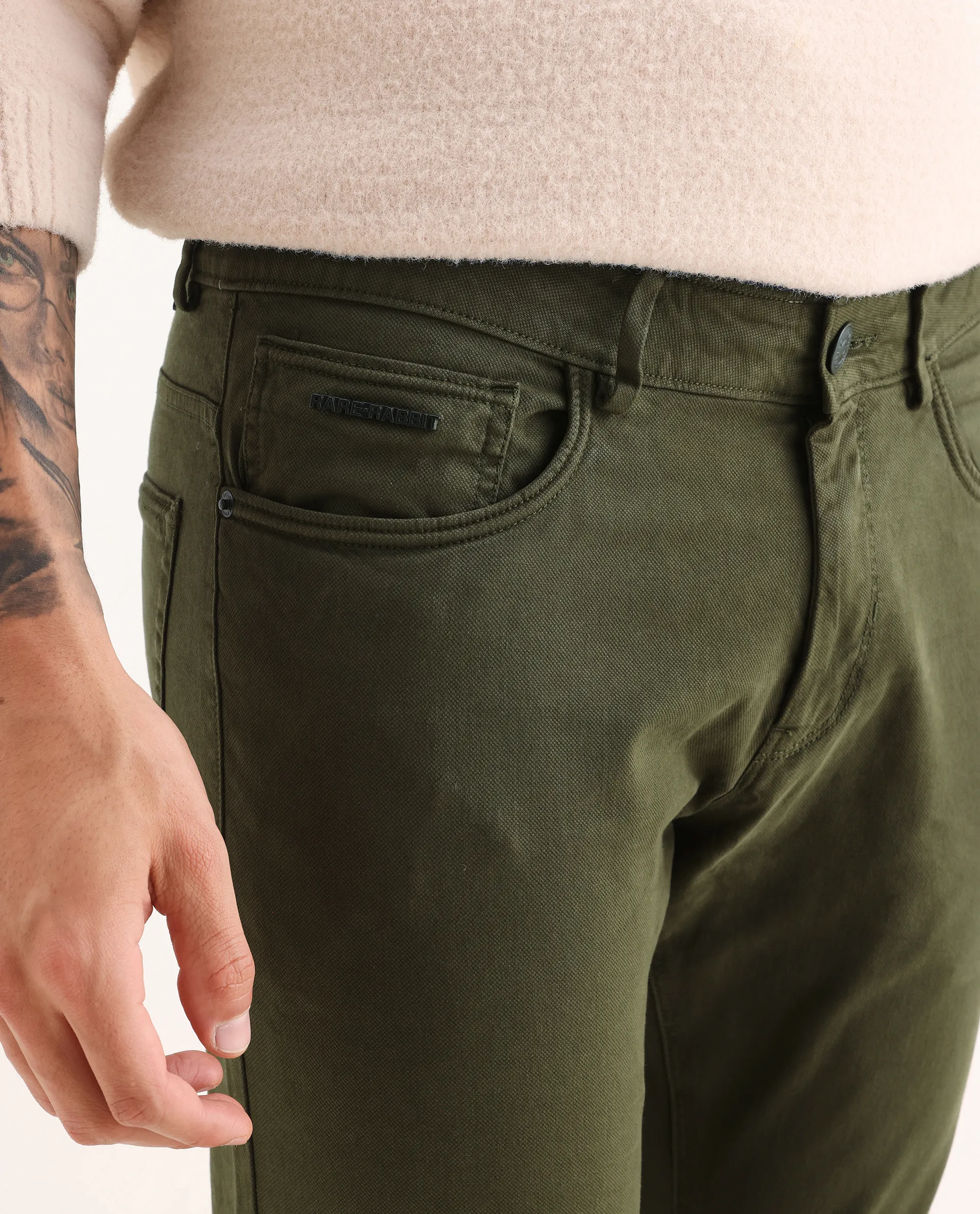 Rare Rabbit Men's Fiv5 Olive Cotton Plain Slim Fit Trouser - Image 3