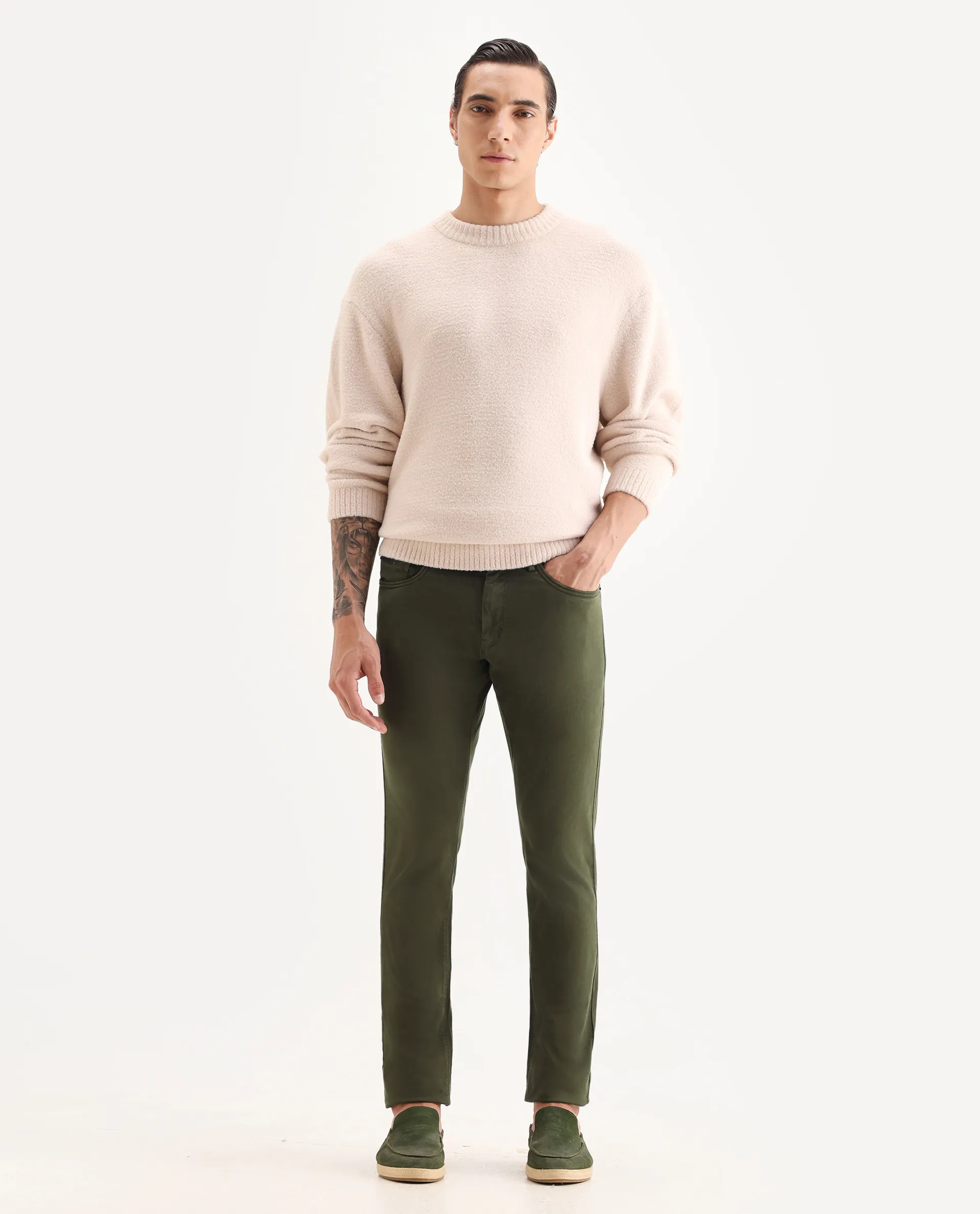 Rare Rabbit Men's Fiv5 Olive Cotton Plain Slim Fit Trouser - Image 4