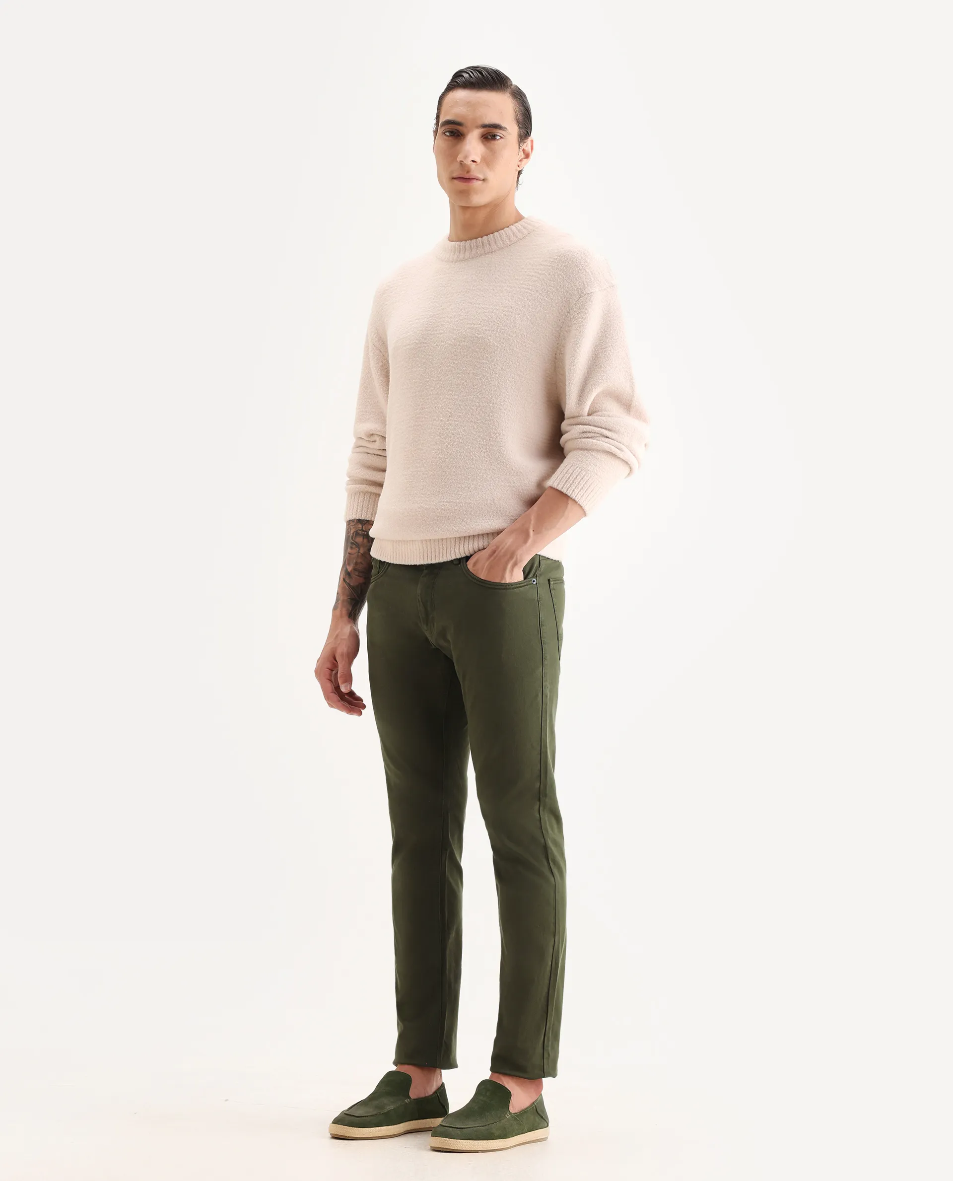Rare Rabbit Men's Fiv5 Olive Cotton Plain Slim Fit Trouser - Image 5